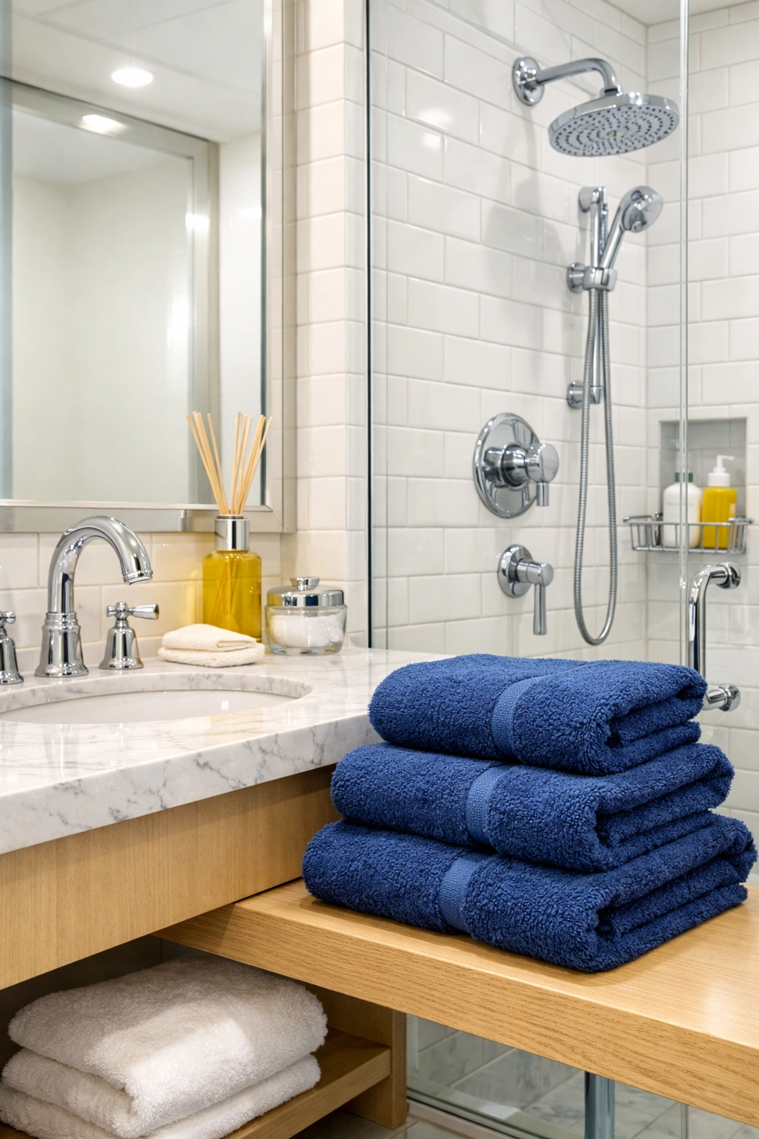 Sparkling clean bathroom vanity and shower with white subway tile after deep cleaning Westford.