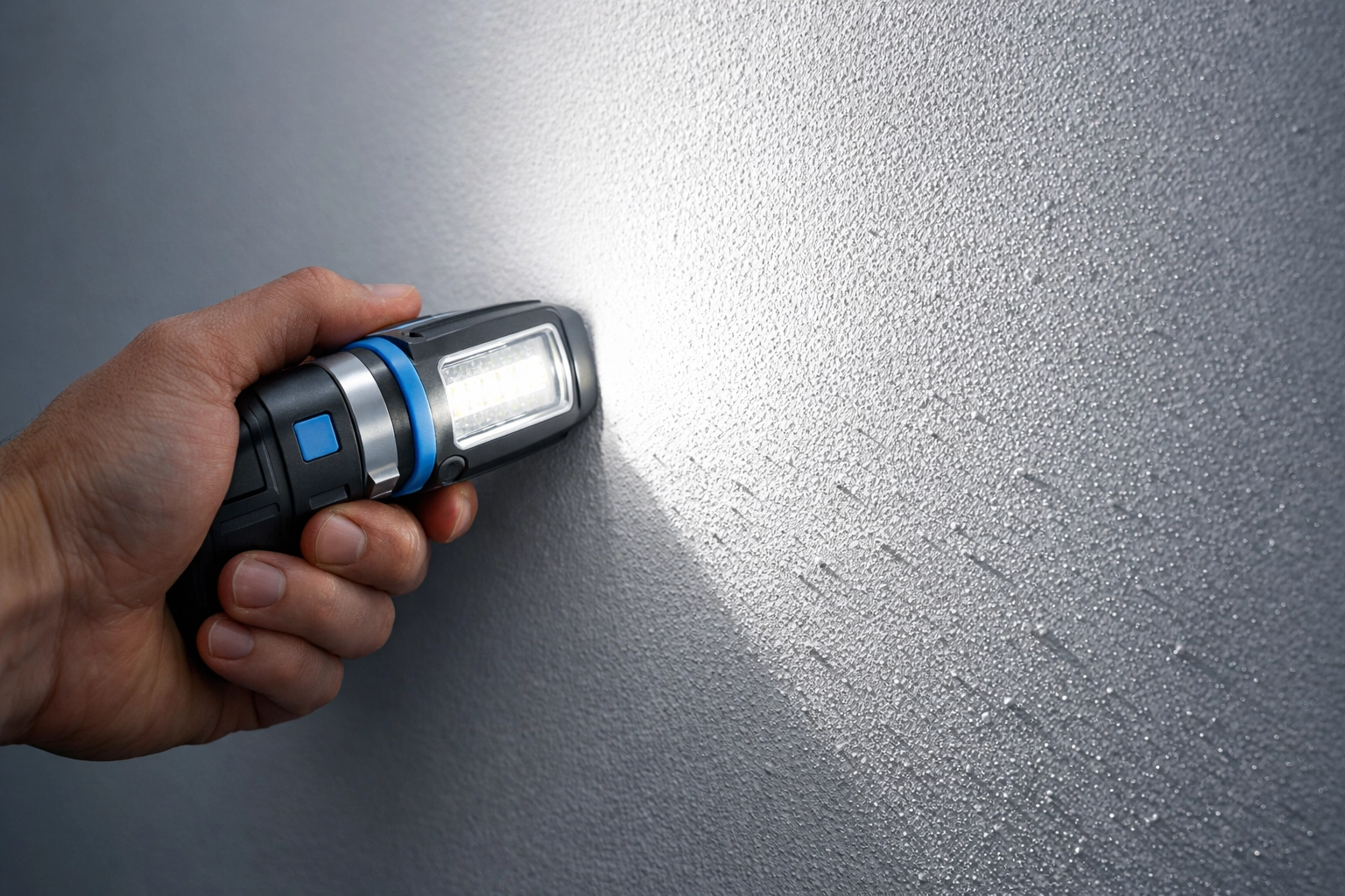 Professional light held against a white wall to reveal hidden drywall dust using raking light.