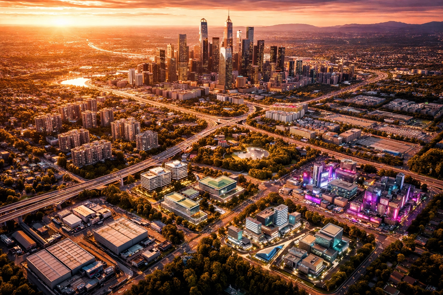 Aerial view of a city with distinct financial, tech, real estate, and digital sectors, symbolizing diversified investment portfolios.