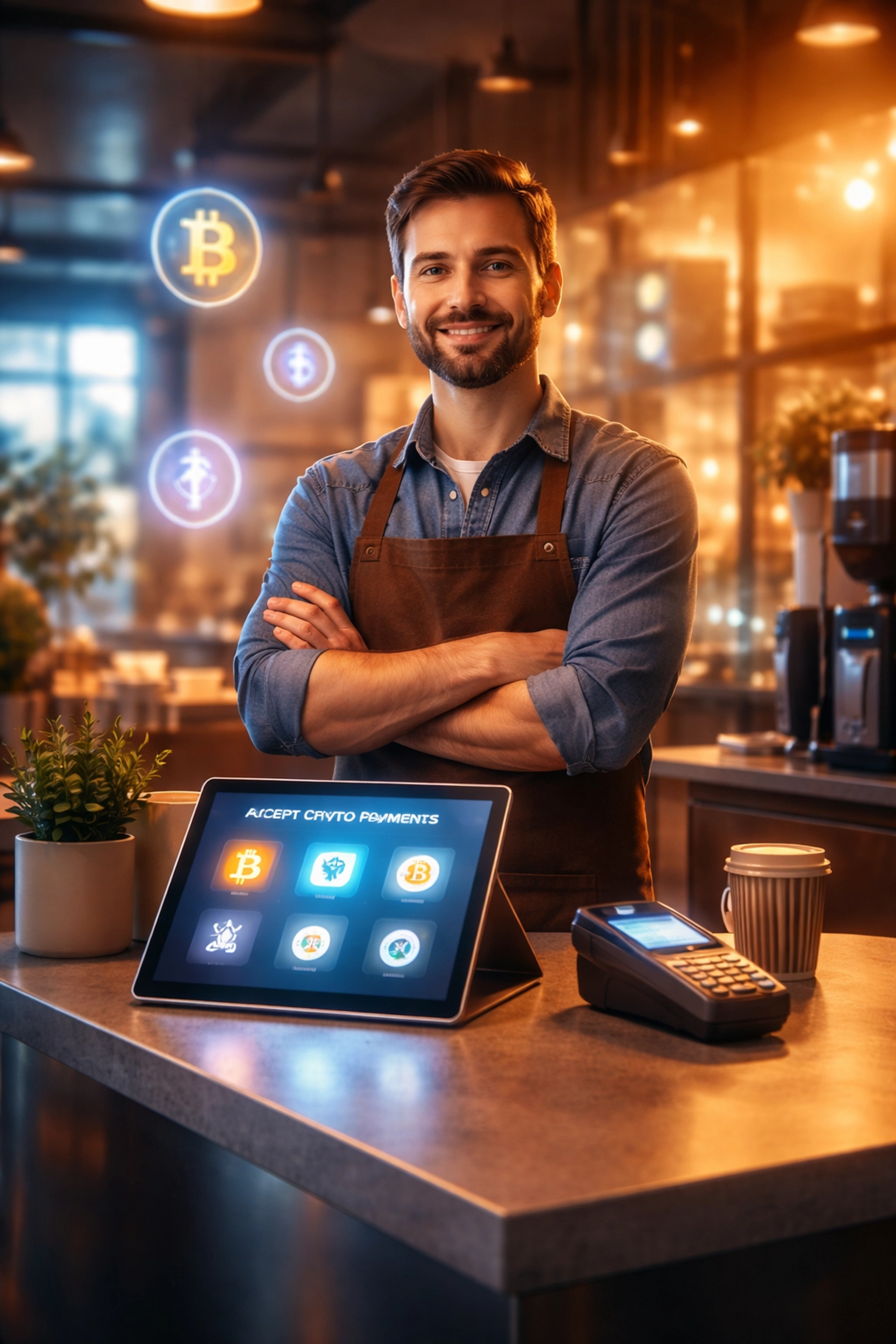 Small business owner accepting cryptocurrency at a modern checkout with Web3 POS system features.