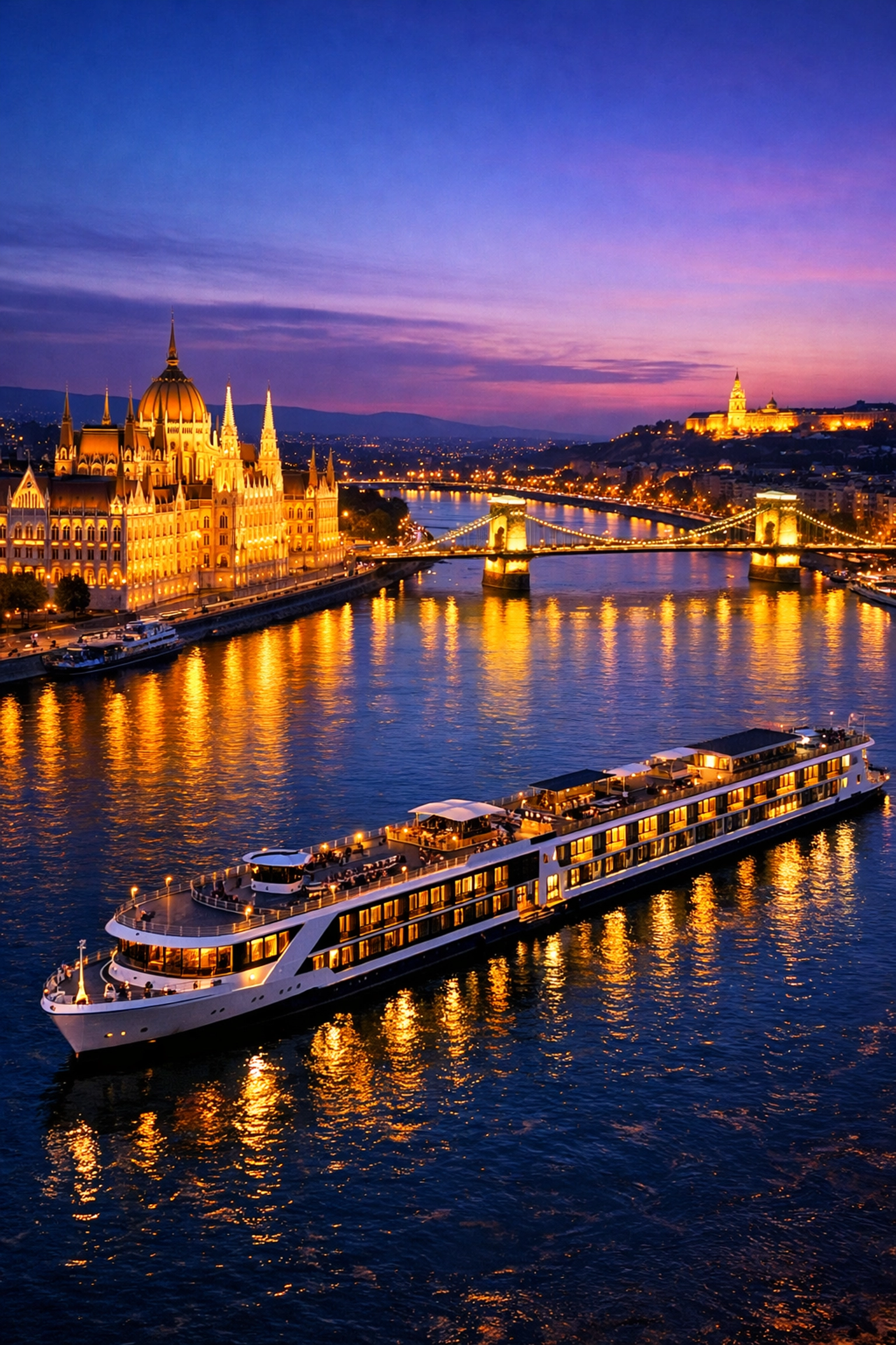 River cruise ship docked along the Danube in Budapest with illuminated Parliament Building at twilight