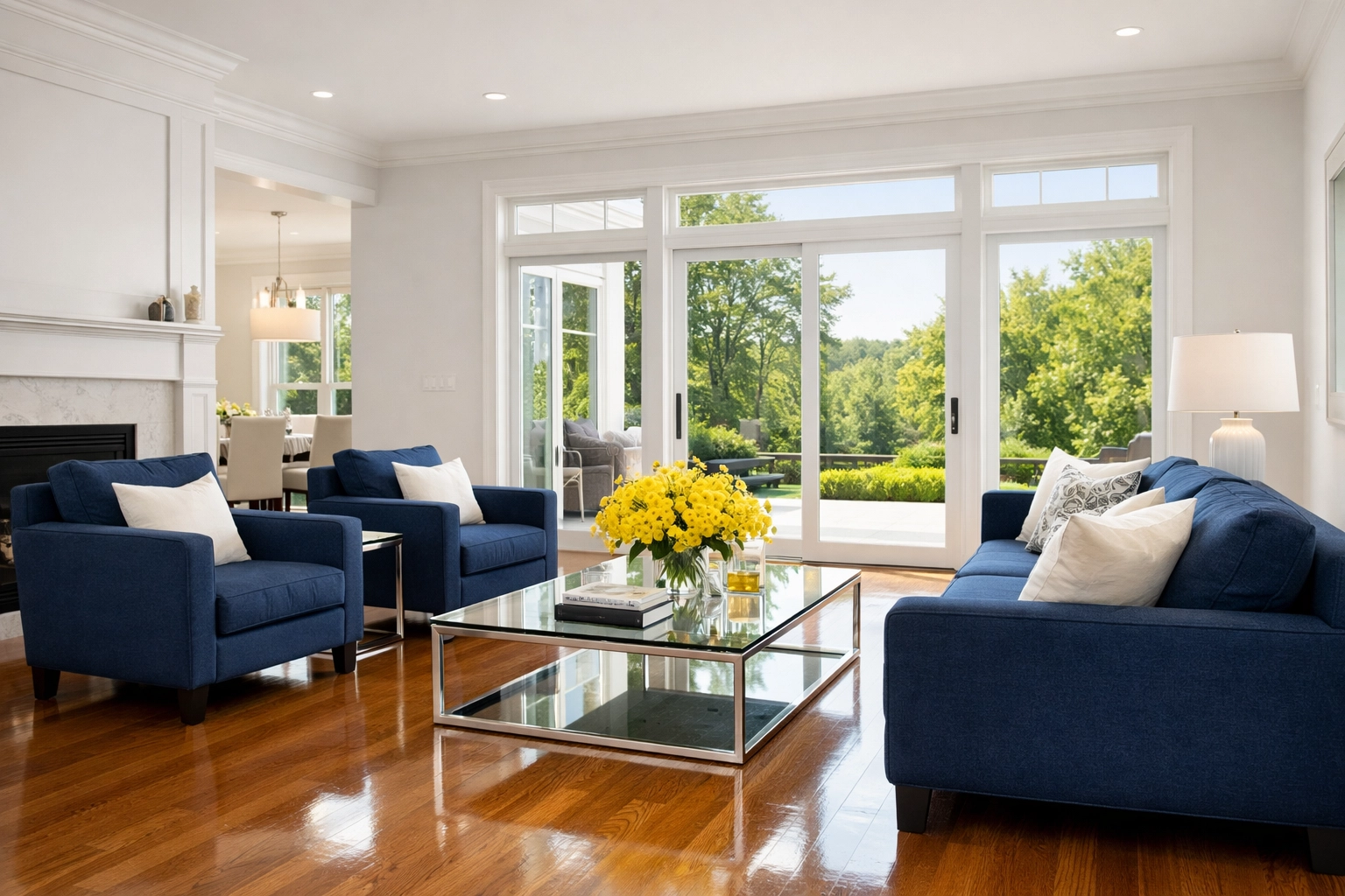Clean modern living room in a Maynard home showcasing professional weekly house cleaning results.