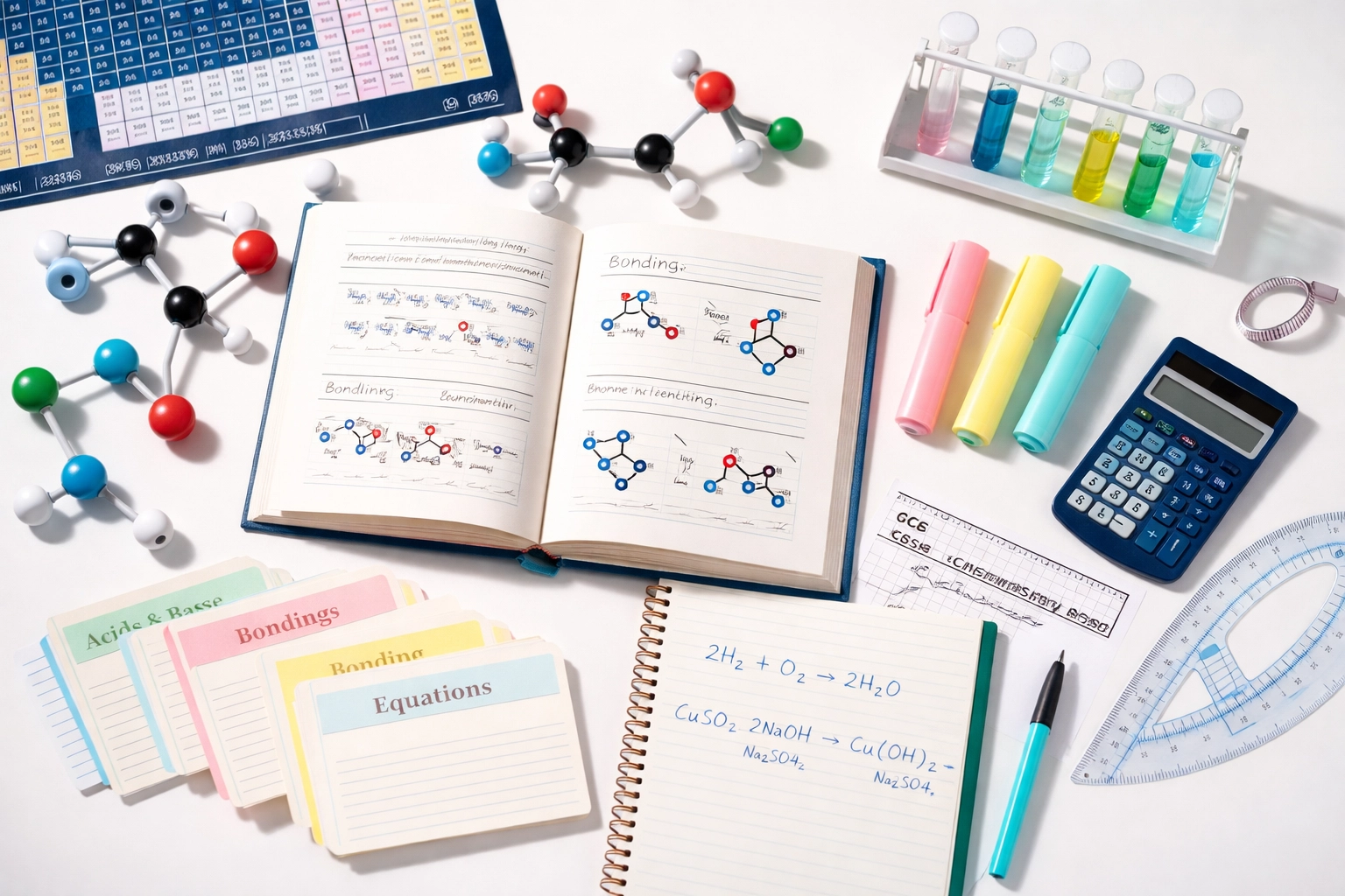 GCSE Chemistry revision setup with textbooks, molecular models, periodic table, and organised study notes