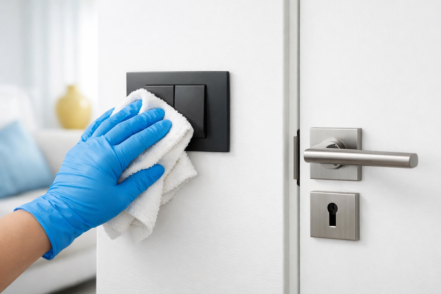 Professional cleaner sanitizing a door handle and light switch during a deep cleaning in Marlborough.