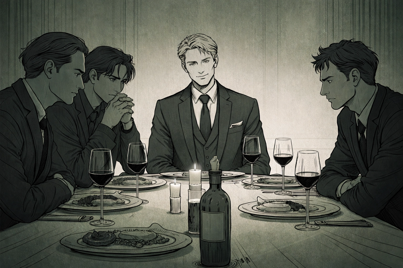 At a tense dinner, Arthur faces Viktor, Jin, and Marcus, illustrating the double agent suspense of Gilded Lies.