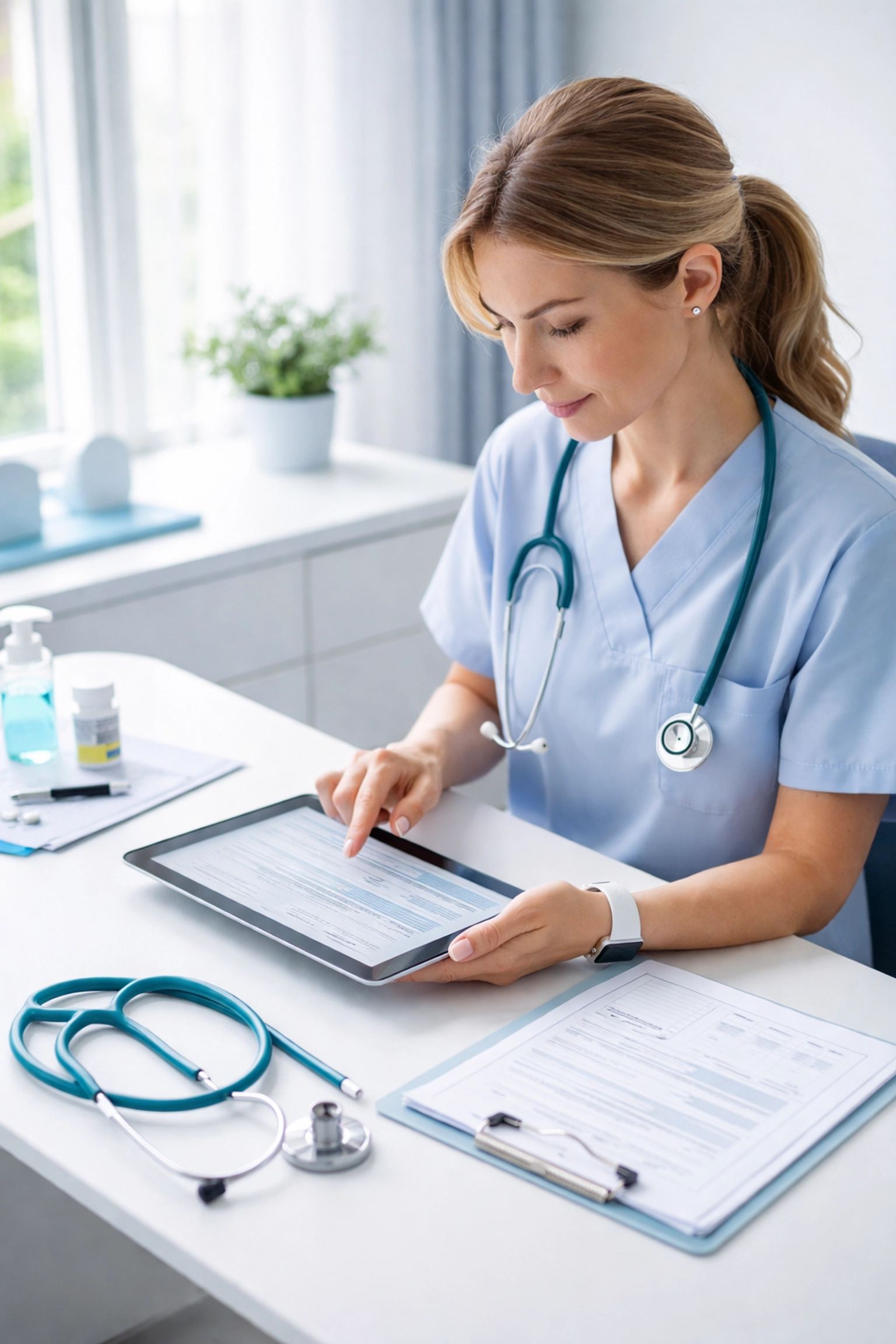 Home health clinician reviewing 42 CFR 484 documentation requirements on tablet at modern desk