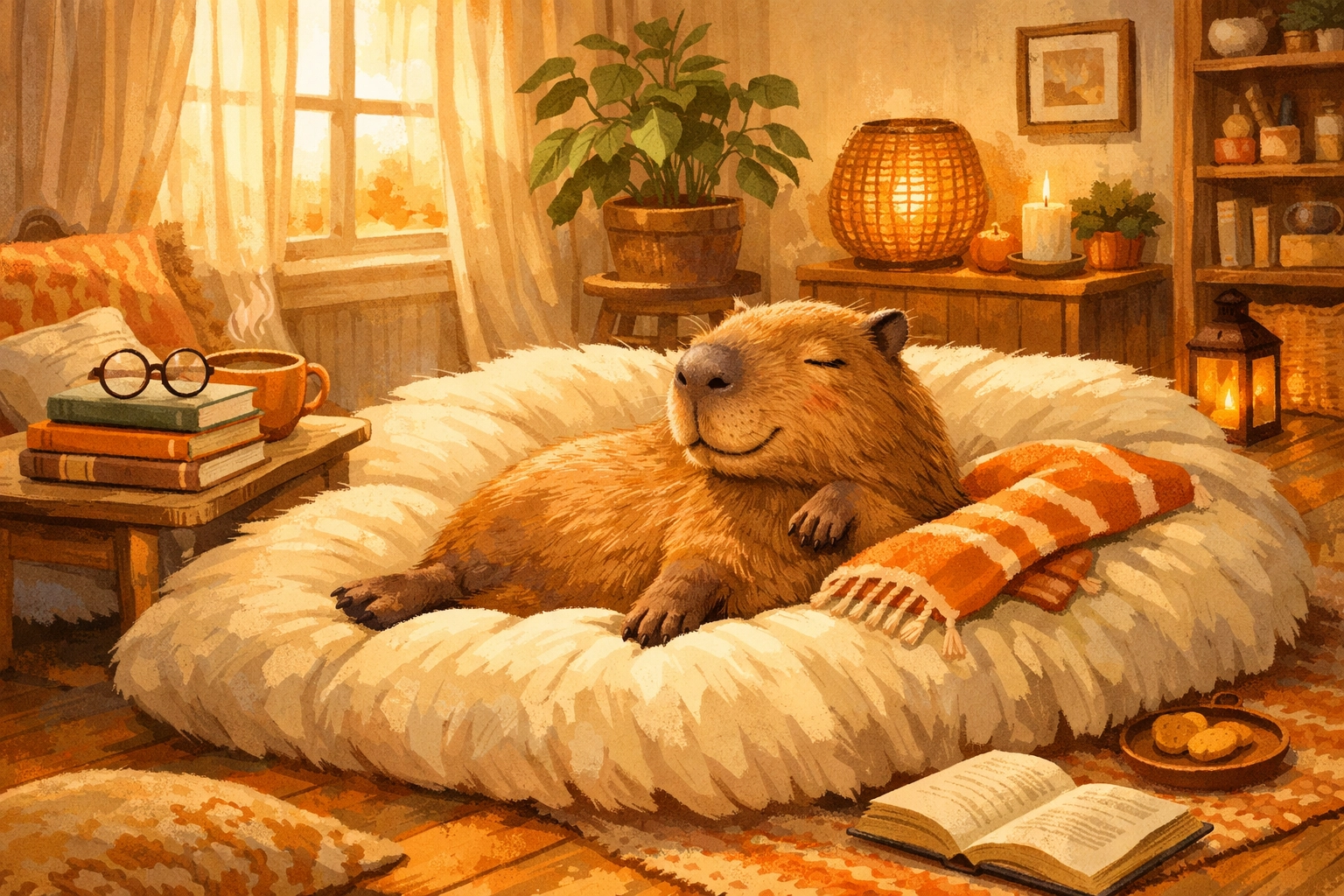 A peaceful capybara lounging on a cozy floor pillow in a sunny room, capturing a mood of total relaxation.