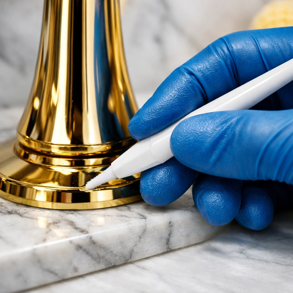 Professional cleaner detailing a gold bathroom faucet with ninja-like precision and care.