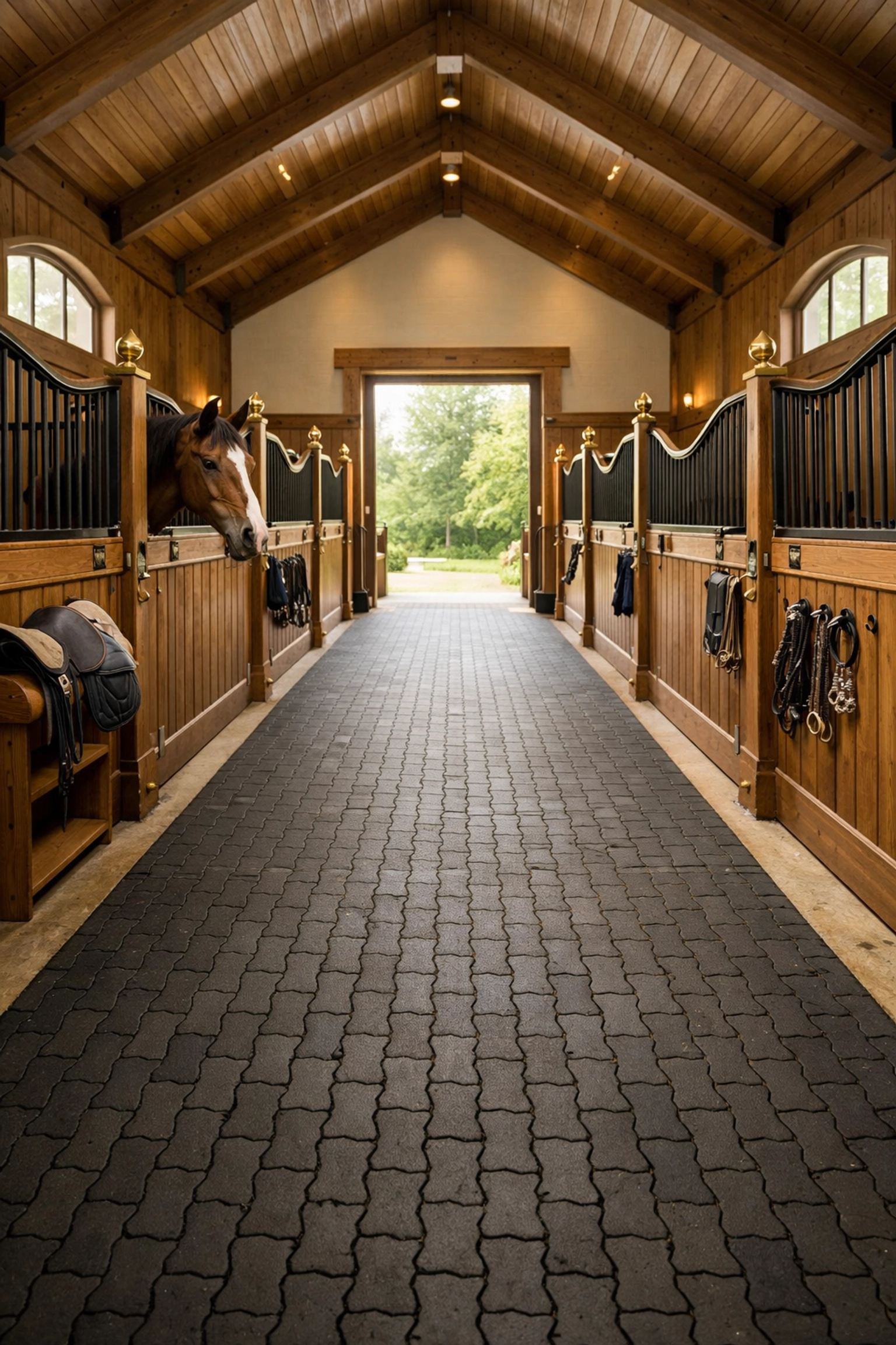 Well-maintained horse barn interior with wooden stalls and organized equestrian facility design