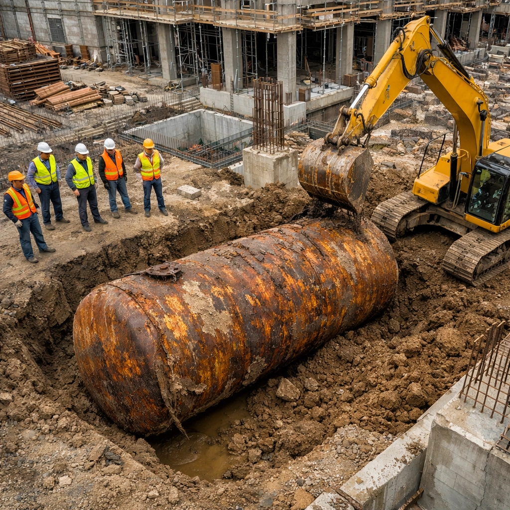 Excavator uncovering buried storage tank at construction site during environmental remediation