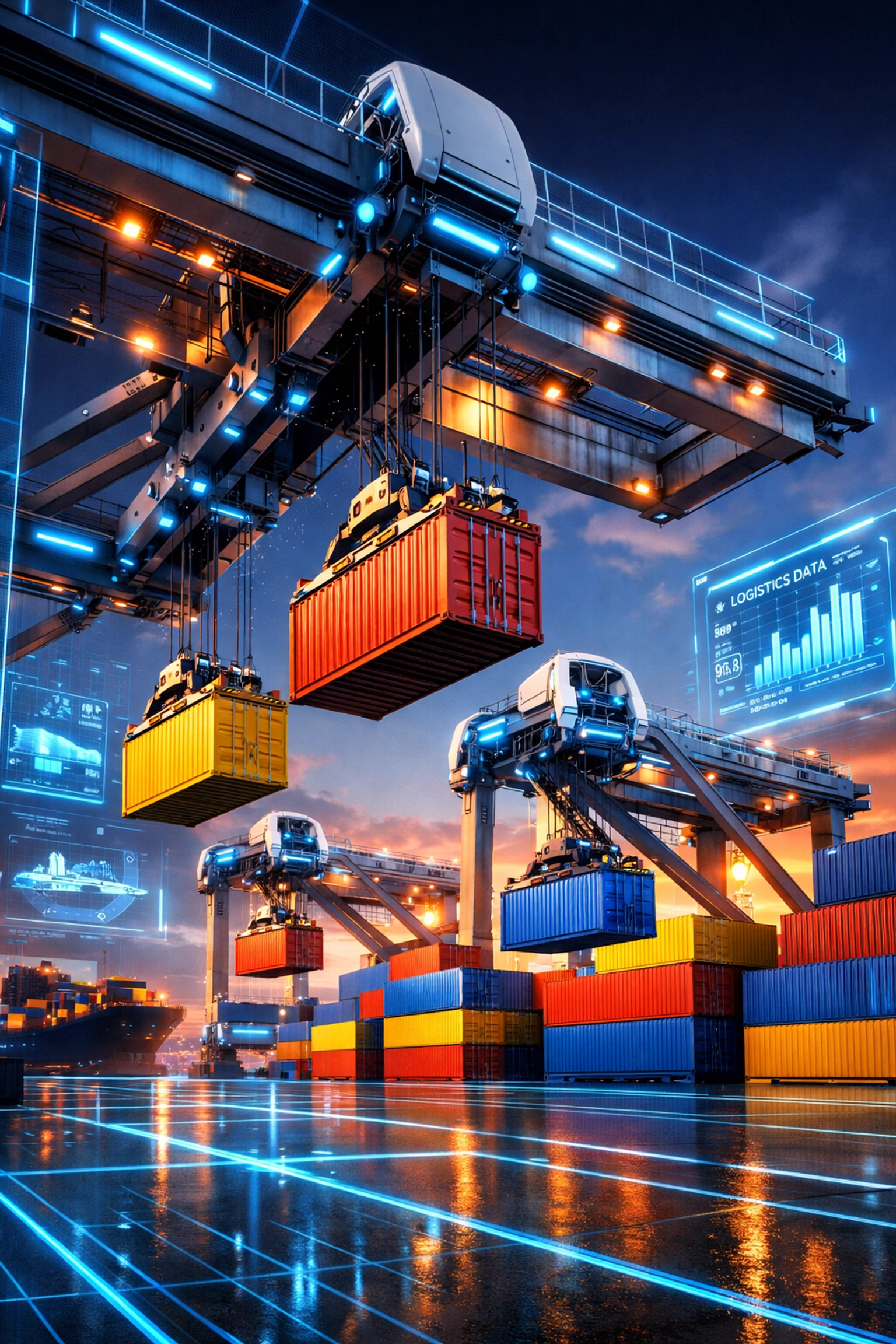 Automated container terminal with robotic cranes at modern seaport facility