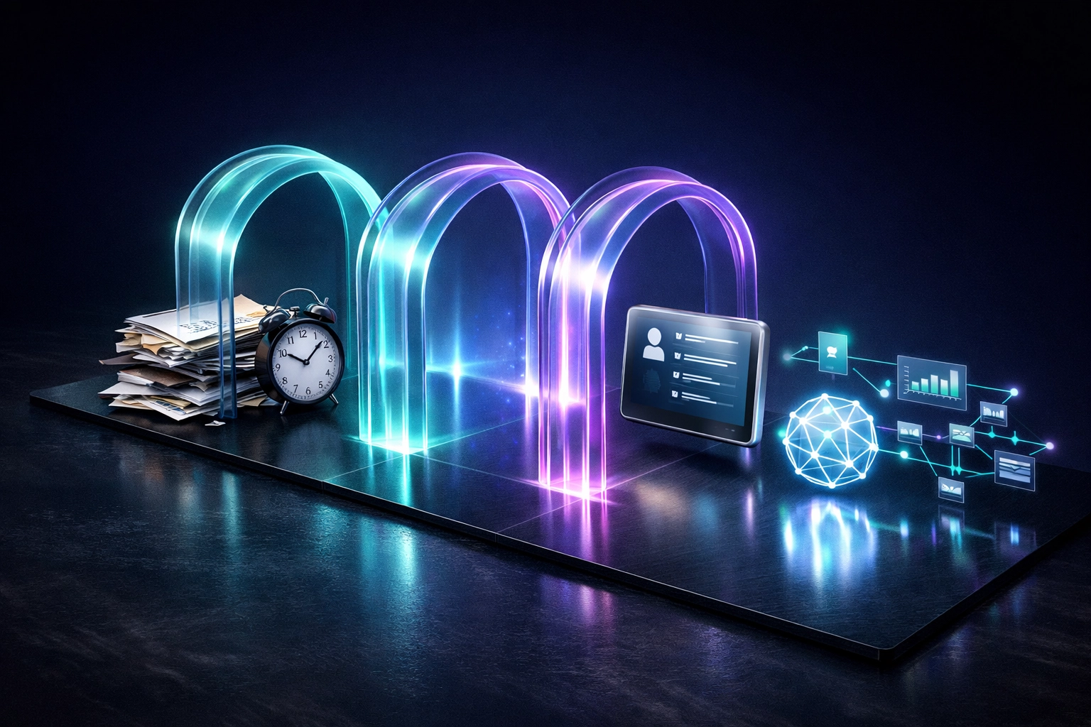 Visualizing business process automation by converting manual paperwork into digital workflow automation through a glowing portal.