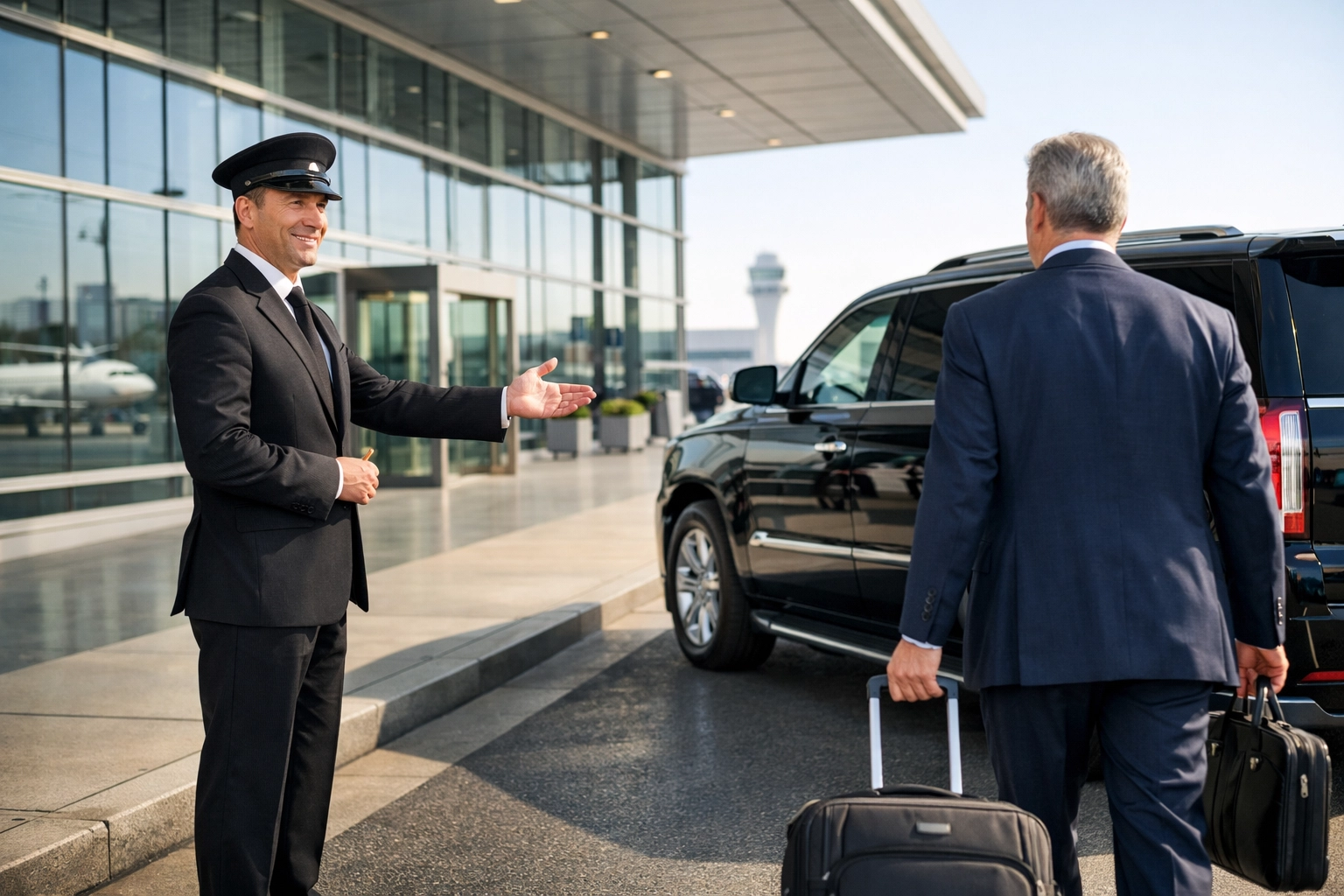 Professional chauffeur meeting a business executive at an airport terminal for luxury Super Bowl travel.