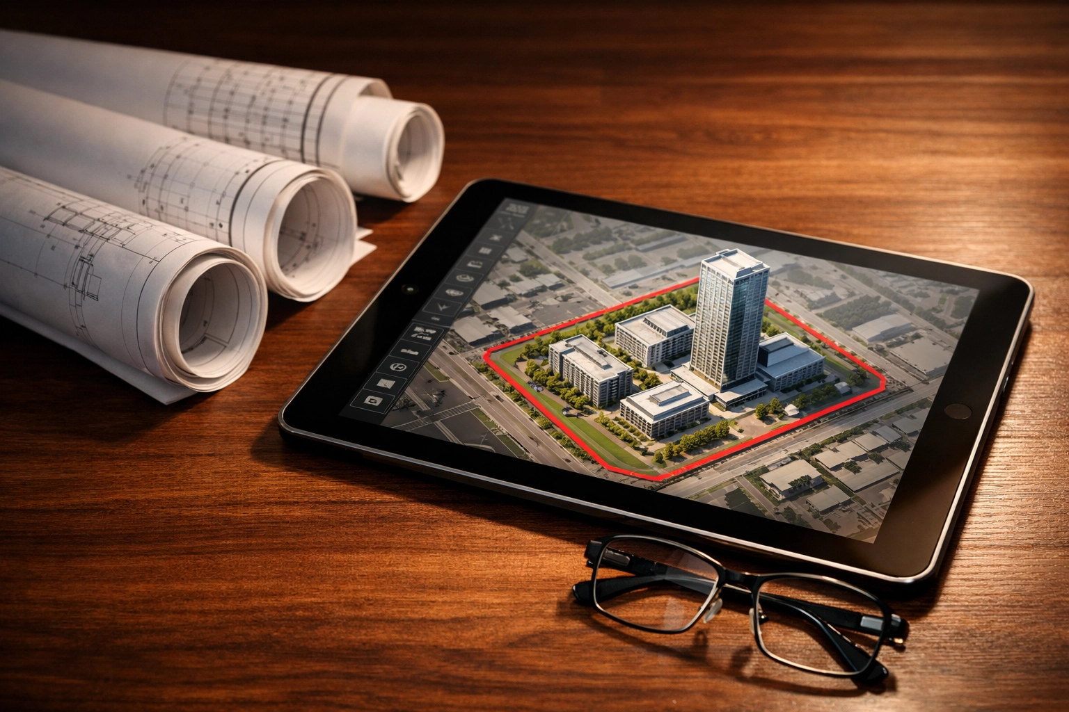 Architectural blueprints and site boundary models used for zoning and regulatory compliance analysis.