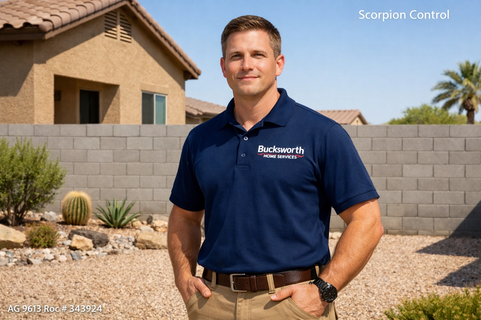 Bucksworth Home Services technician performing scorpion control in a Laveen AZ residential backyard.