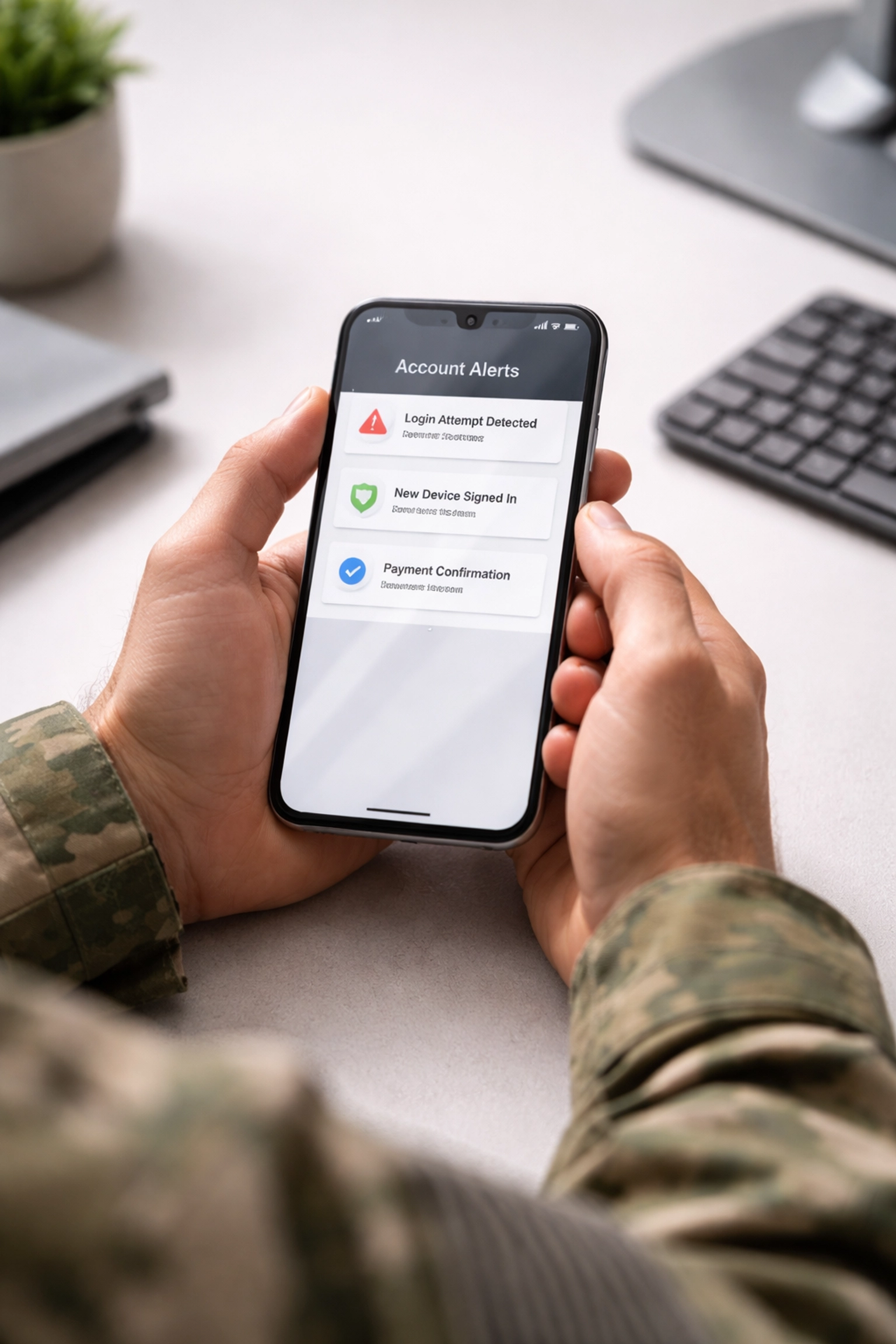 Soldier checking smartphone notifications represents monitoring accounts for military identity protection