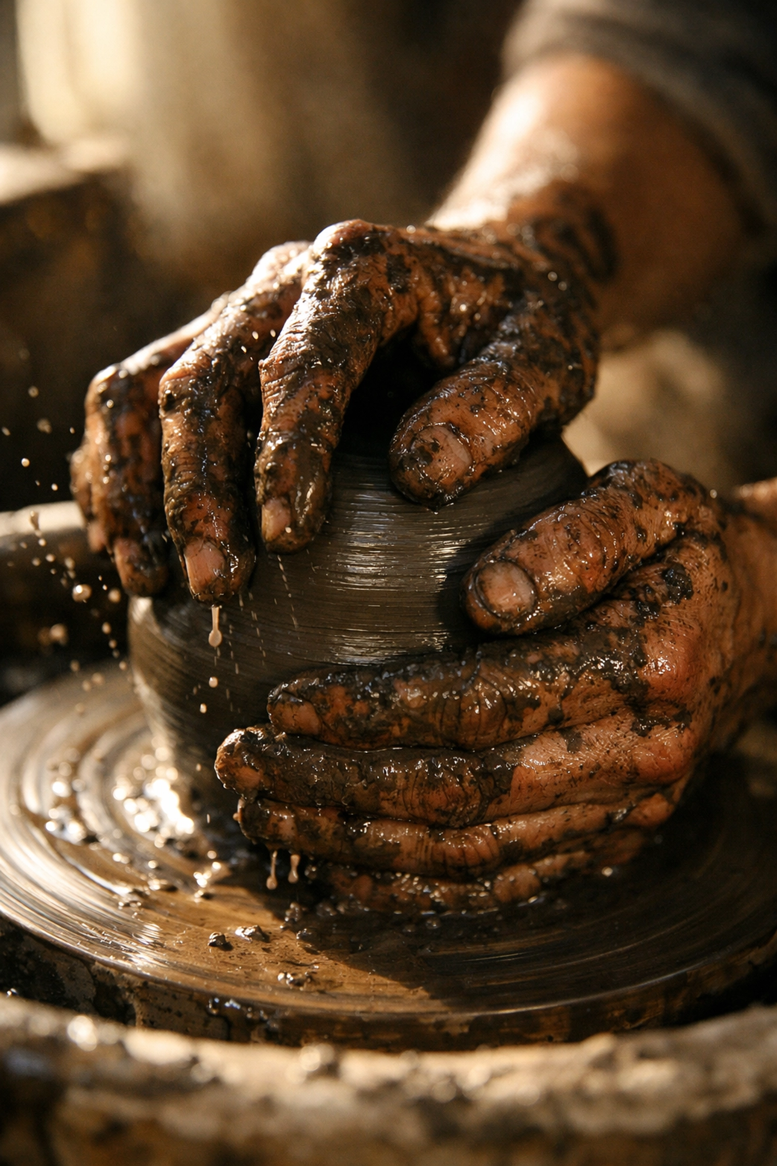 Hands working with clay on a pottery wheel, showing tactile engagement to improve focus and mindfulness.