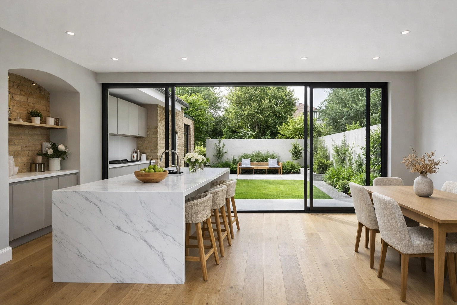Modern rear kitchen extension in London featuring floor-to-ceiling glass doors and natural light.