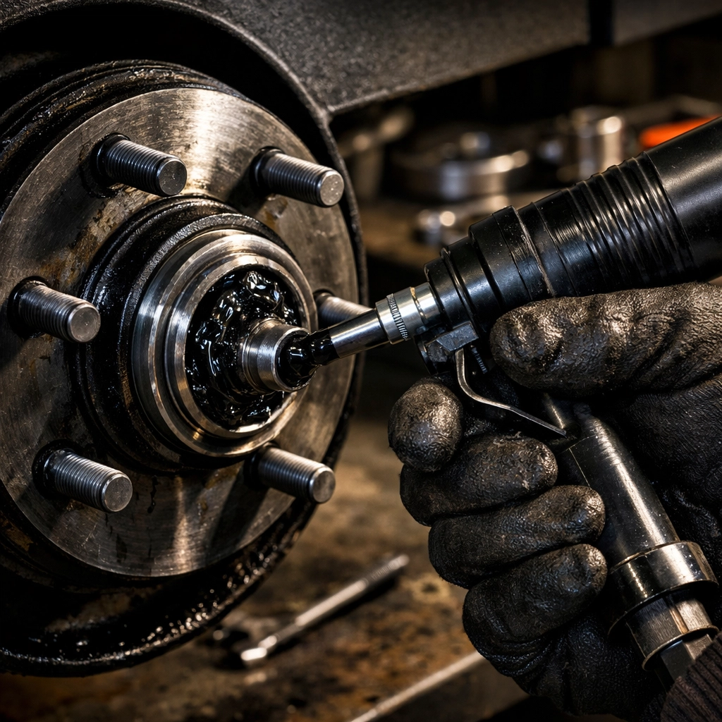 Mechanic applying grease to trailer wheel hub assembly with grease gun during bearing maintenance