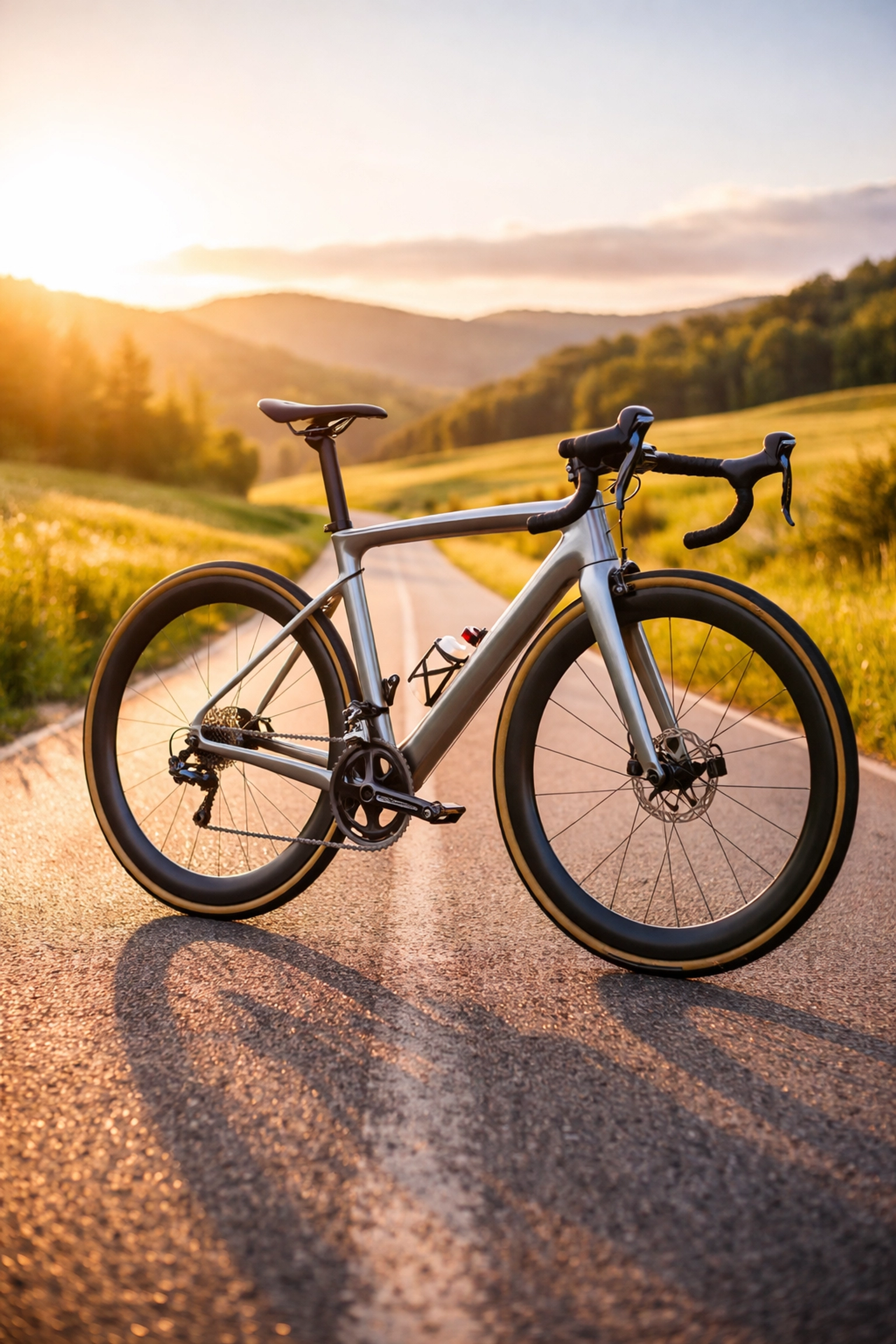 Spotless race-ready road bike on a sunny country road, representing bikes fully prepared for spring racing.
