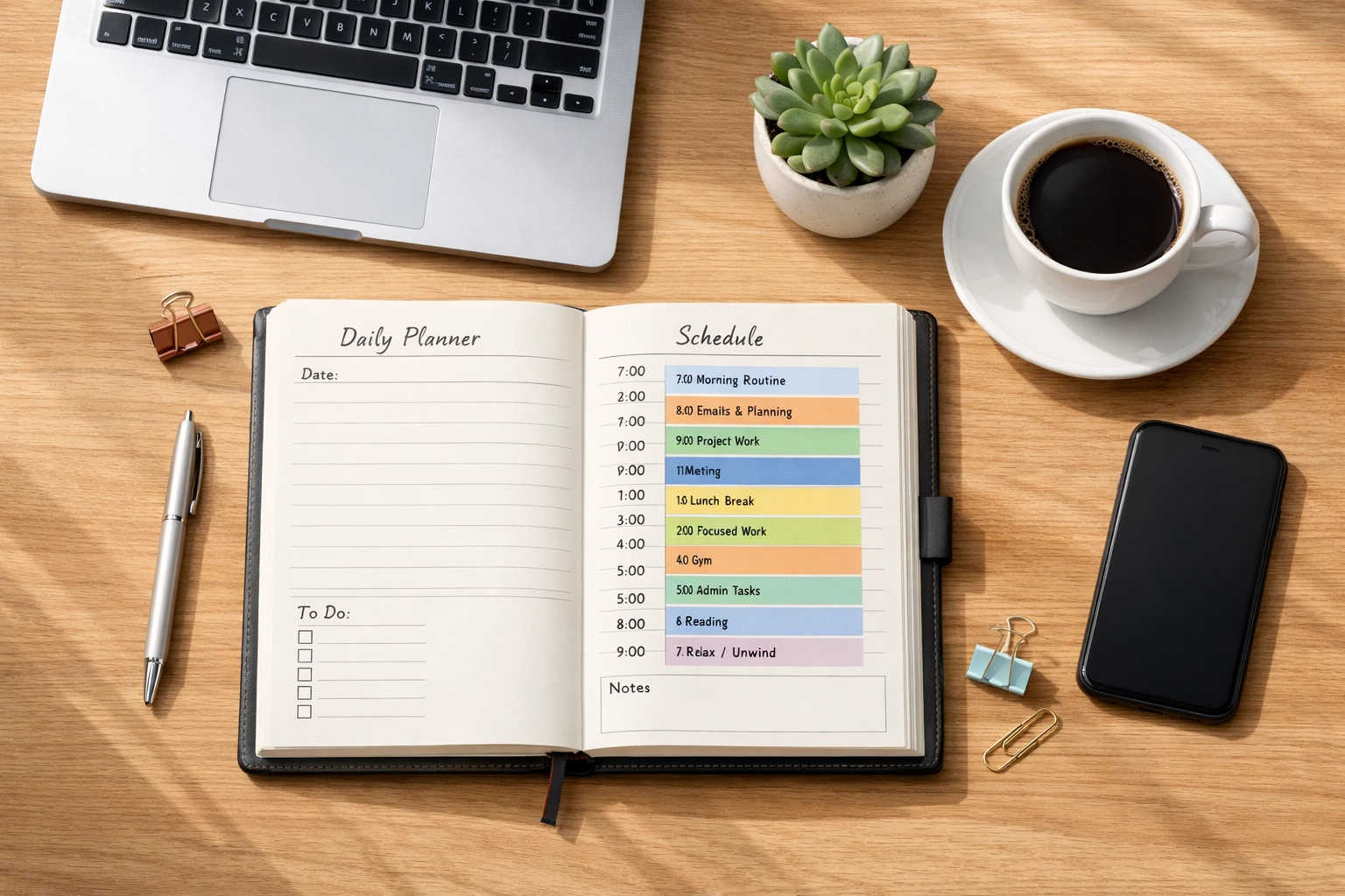 Organized desk with daily planner showing time-blocked schedule for productivity