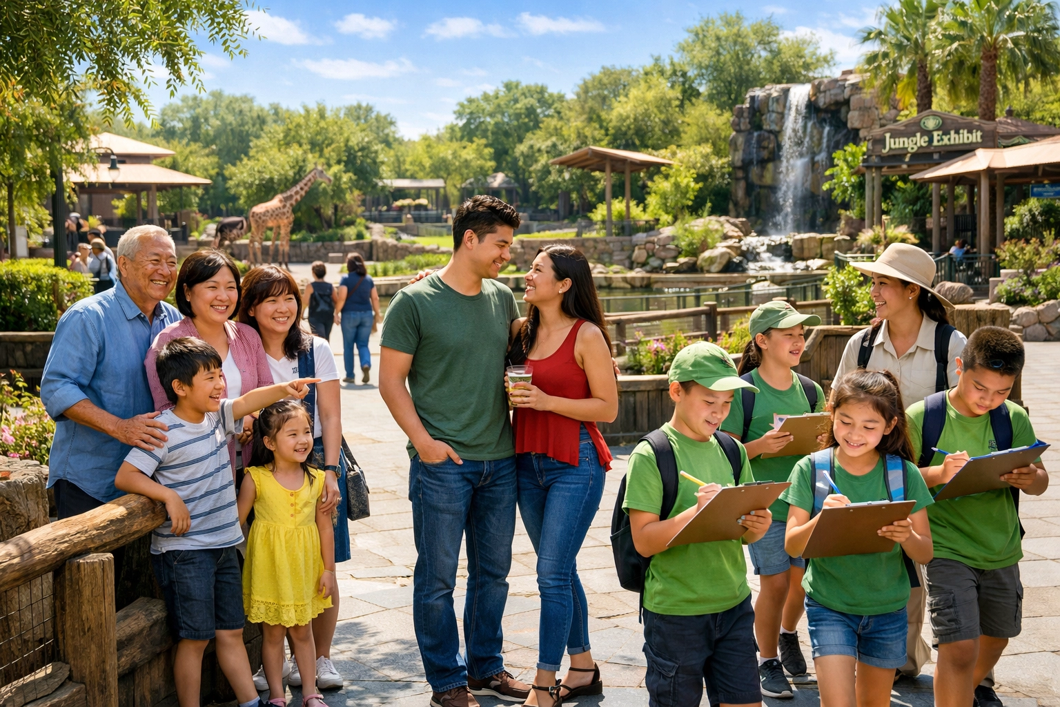 Diverse families visiting zoo including multigenerational groups and school tours showing different visitor types