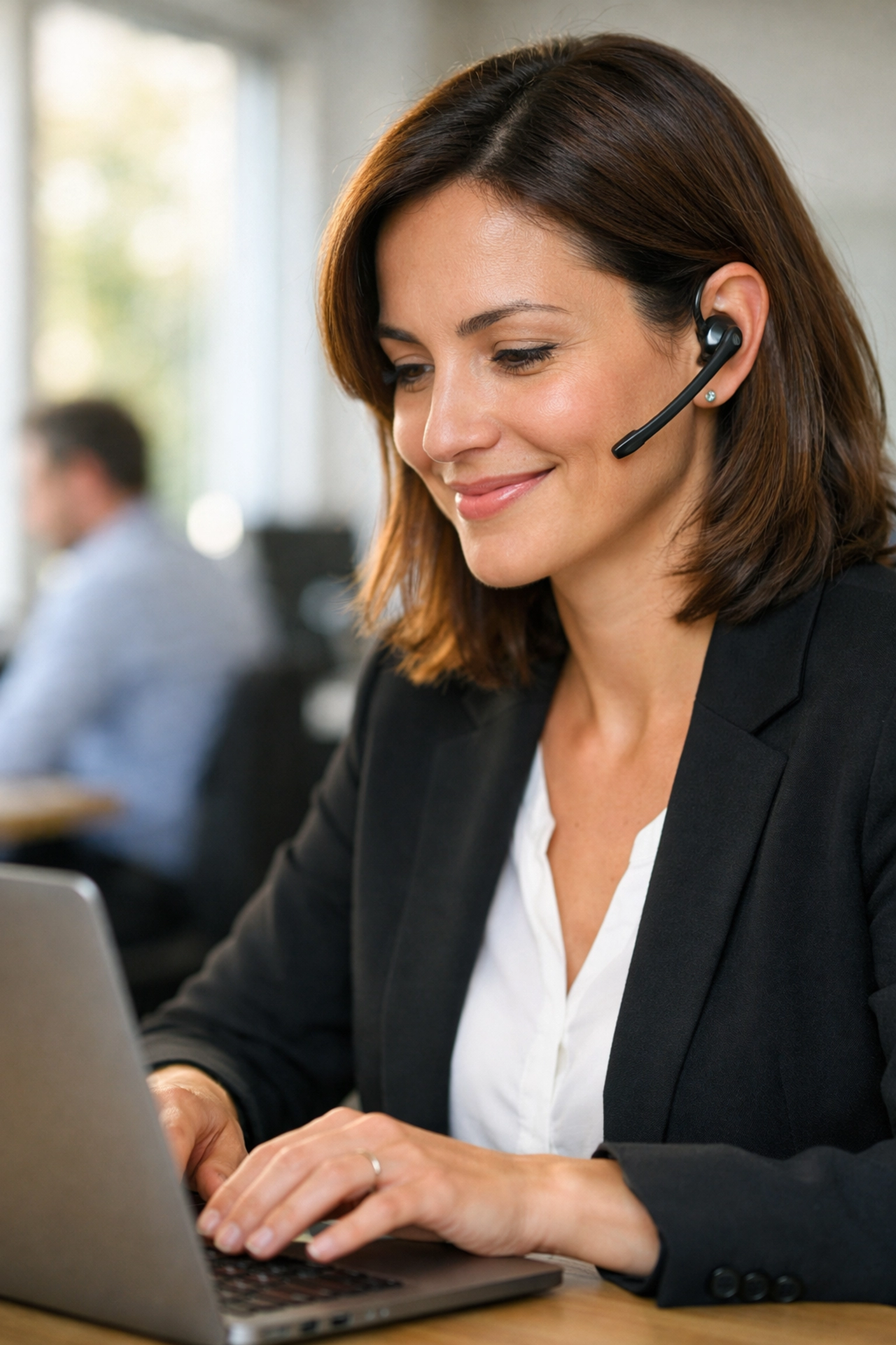 Mitarbeiterin im Kundenservice nutzt effiziente Workflows für die automatisierte Anfrage Bearbeitung