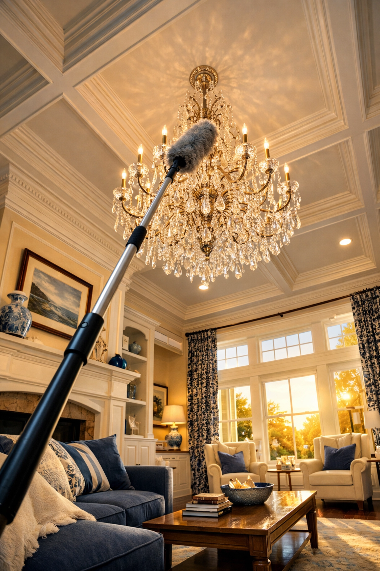 A professional long-reach duster cleaning a crystal chandelier in a luxury Hingham living room.
