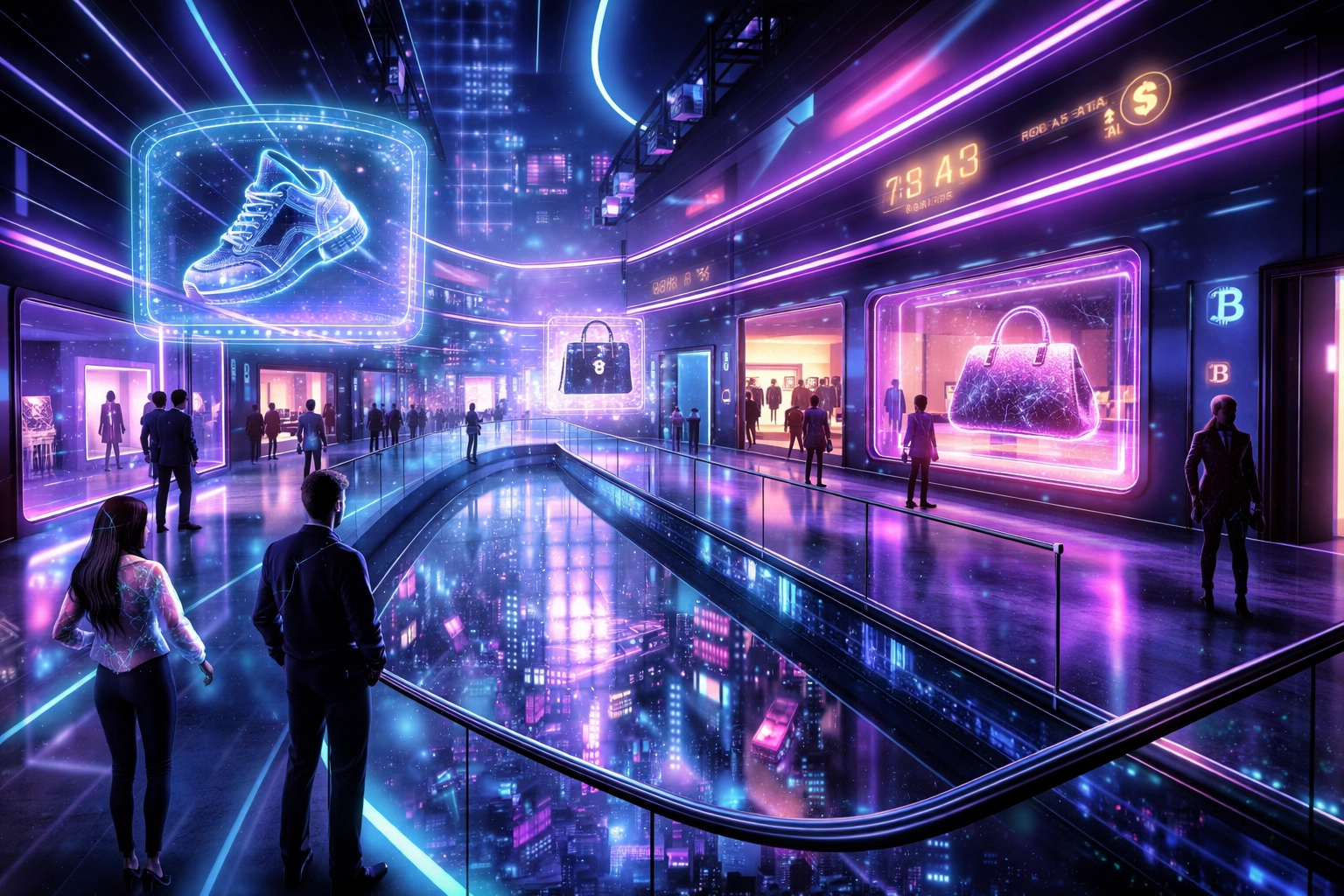 Virtual metaverse shopping mall with holographic product displays and avatar shoppers, highlighting Web3 commerce.