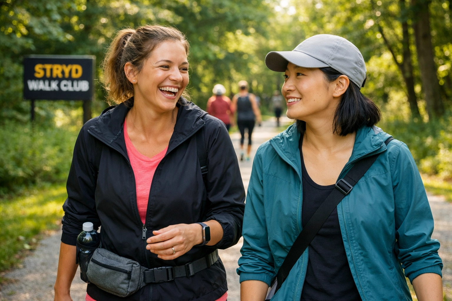 Two women enjoying a community walking group session for lifestyle wellness coaching.