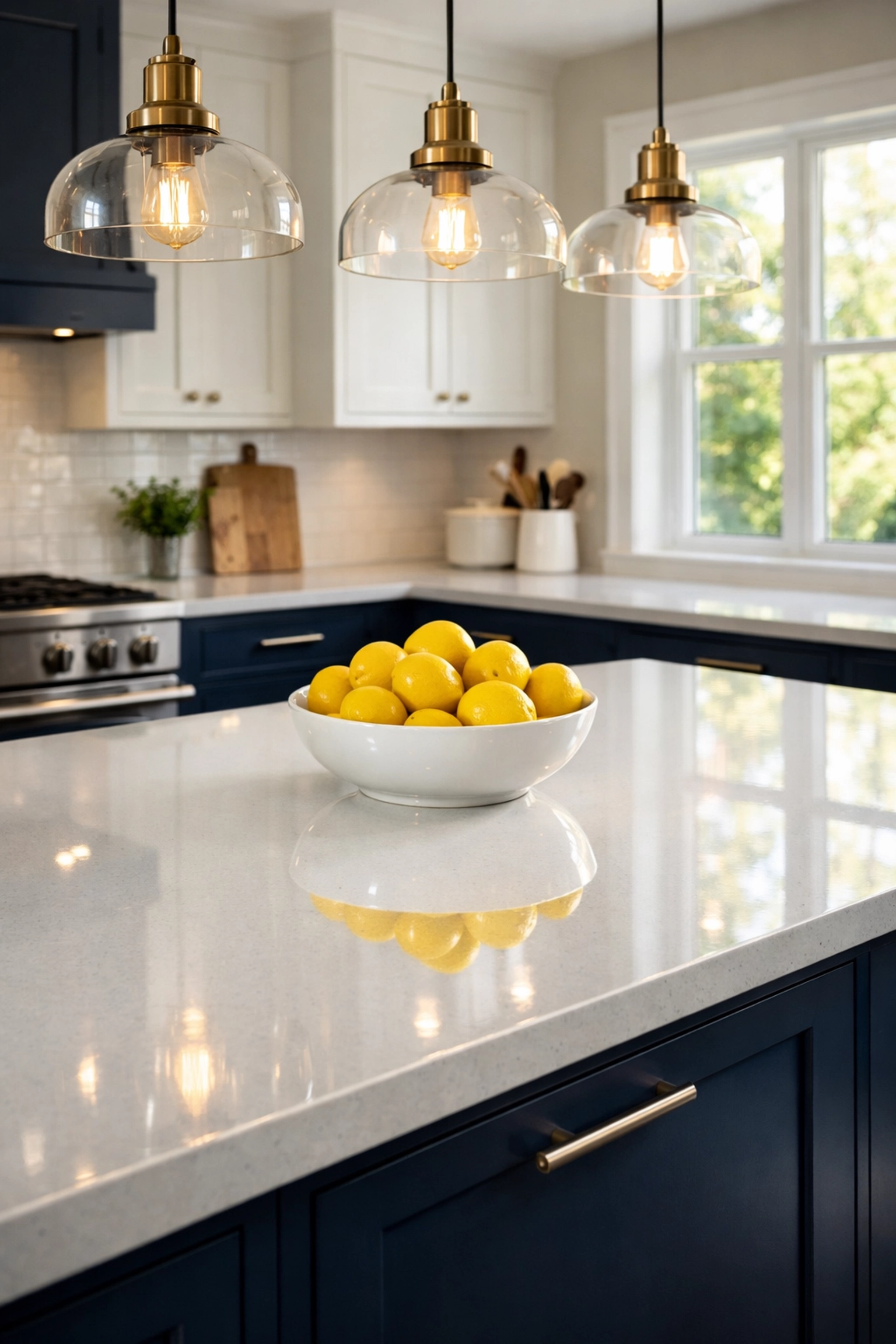 Sparkling clean modern kitchen with white countertops and navy blue cabinets showing the results of weekly cleaning.