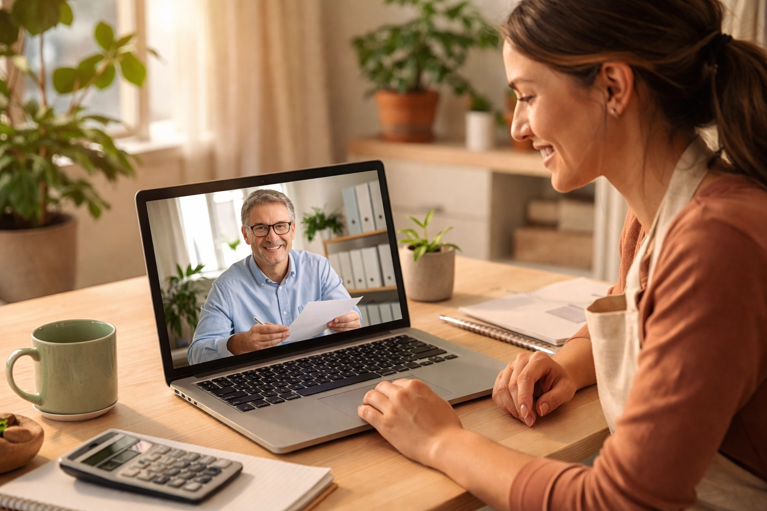 Small business owner smiling during a video call with their cloud accountant