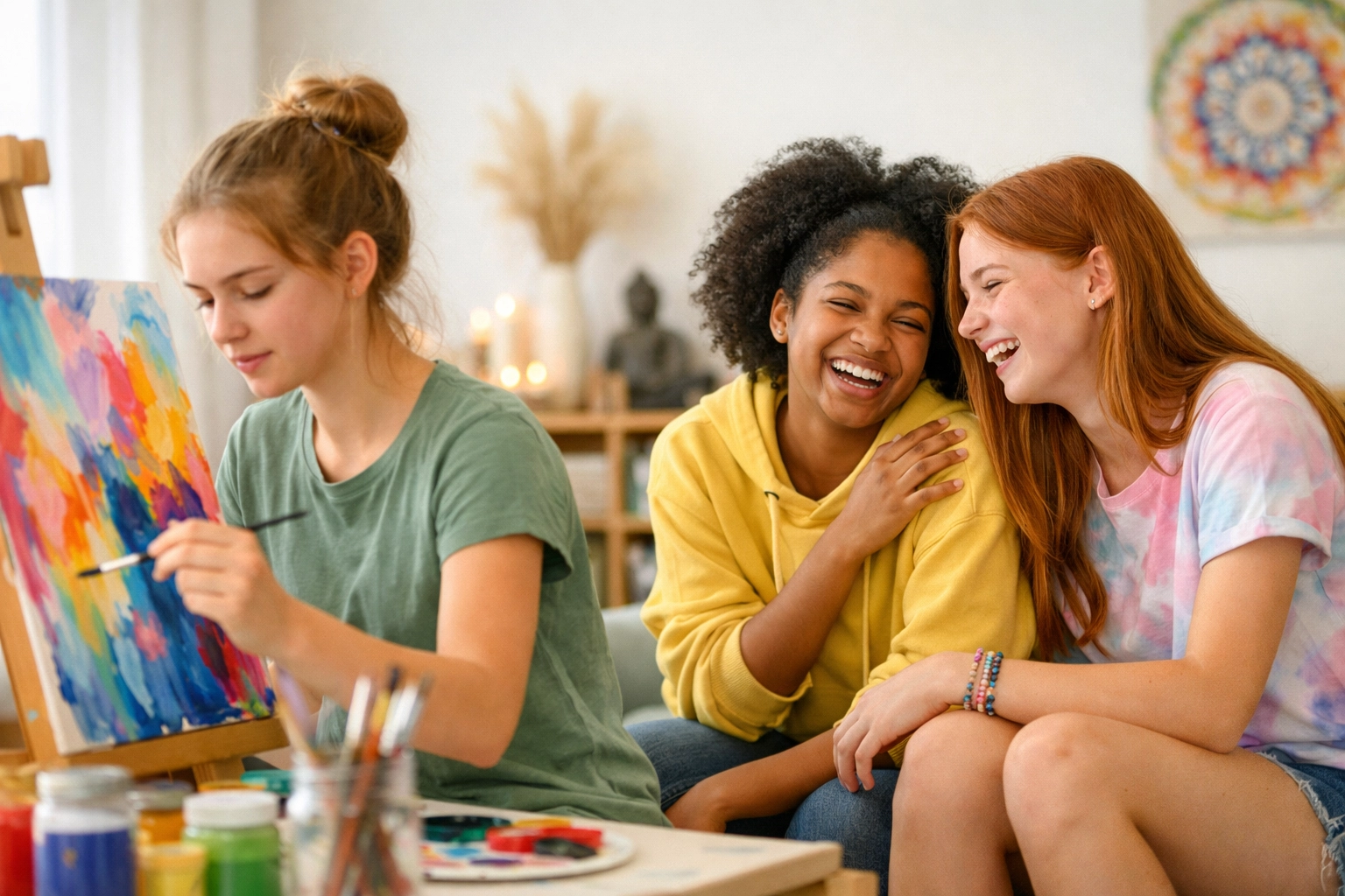 Teen girls enjoying art therapy in a residential treatment center for teen depression.