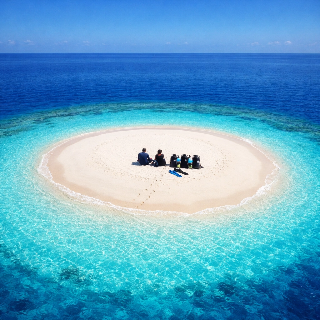 Aerial view of an exclusive private sandbank in the Maldives, ideal for a luxury 2026 scuba diving trip.