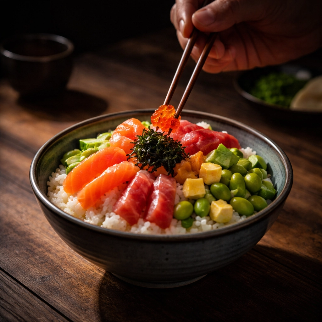 Chirashizushi Schüssel wird kreativ mit Stäbchen und frischen Toppings final garniert