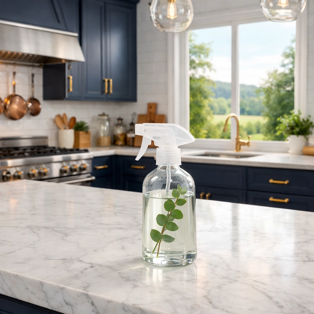 Eco-friendly cleaning products on a white Carrara marble island in a luxury Groton kitchen.