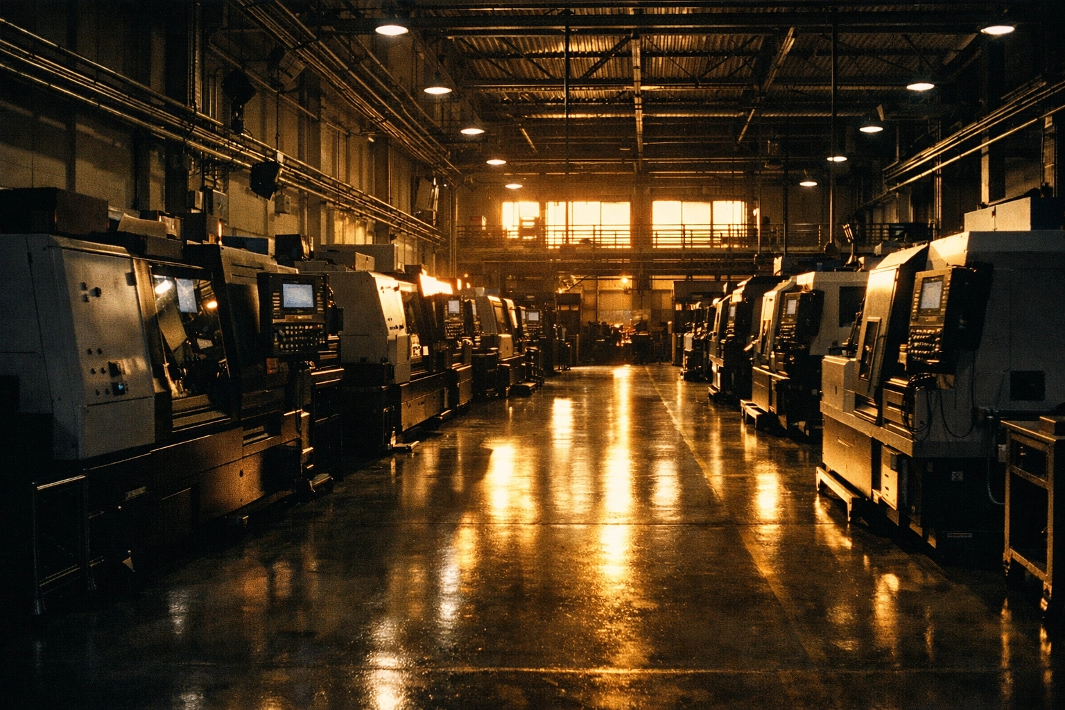 View of a modern Connecticut manufacturing shop floor with CNC lathes and industrial machinery.