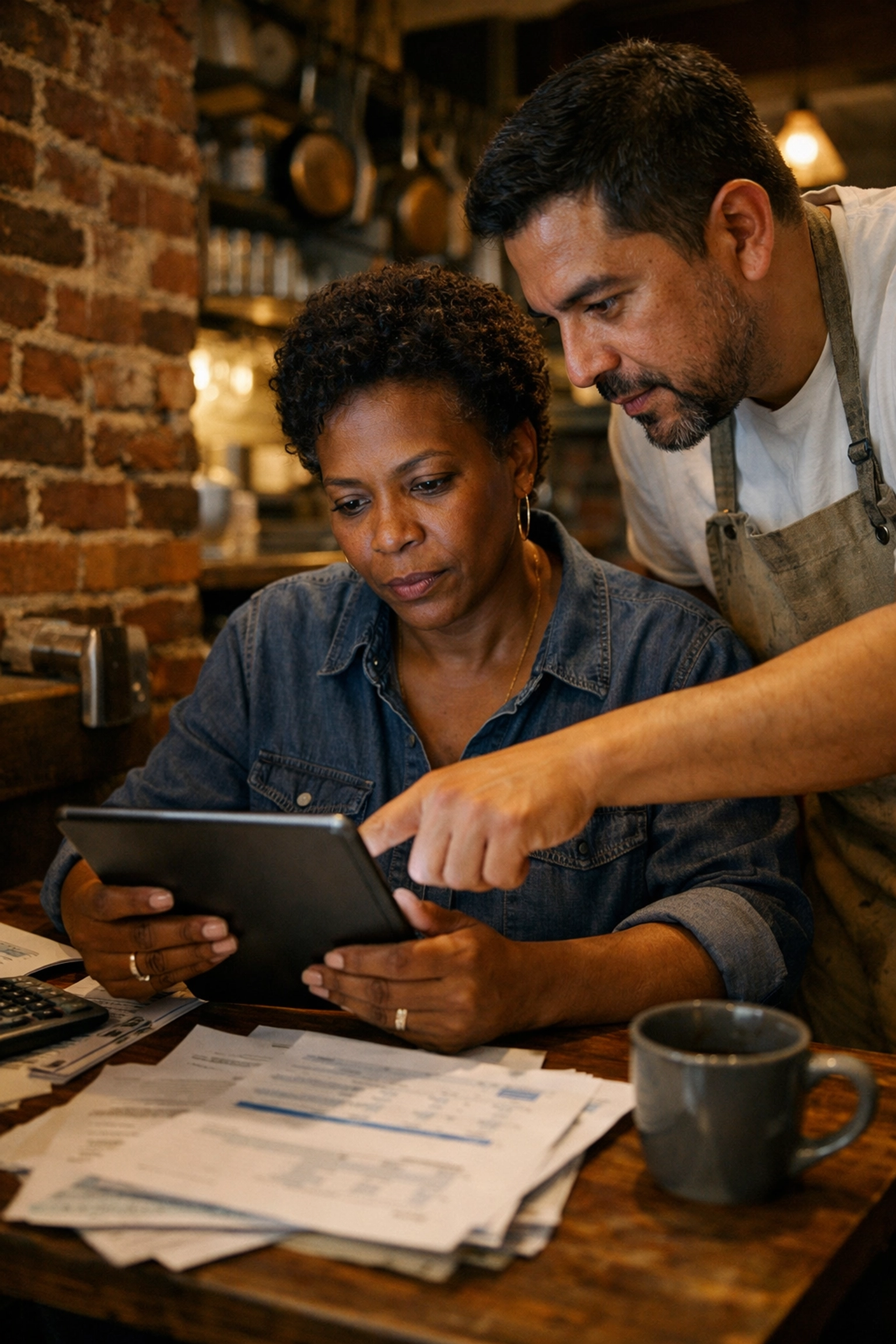A restaurant owner and chef analyzing food cost data on a tablet to improve restaurant profitability.