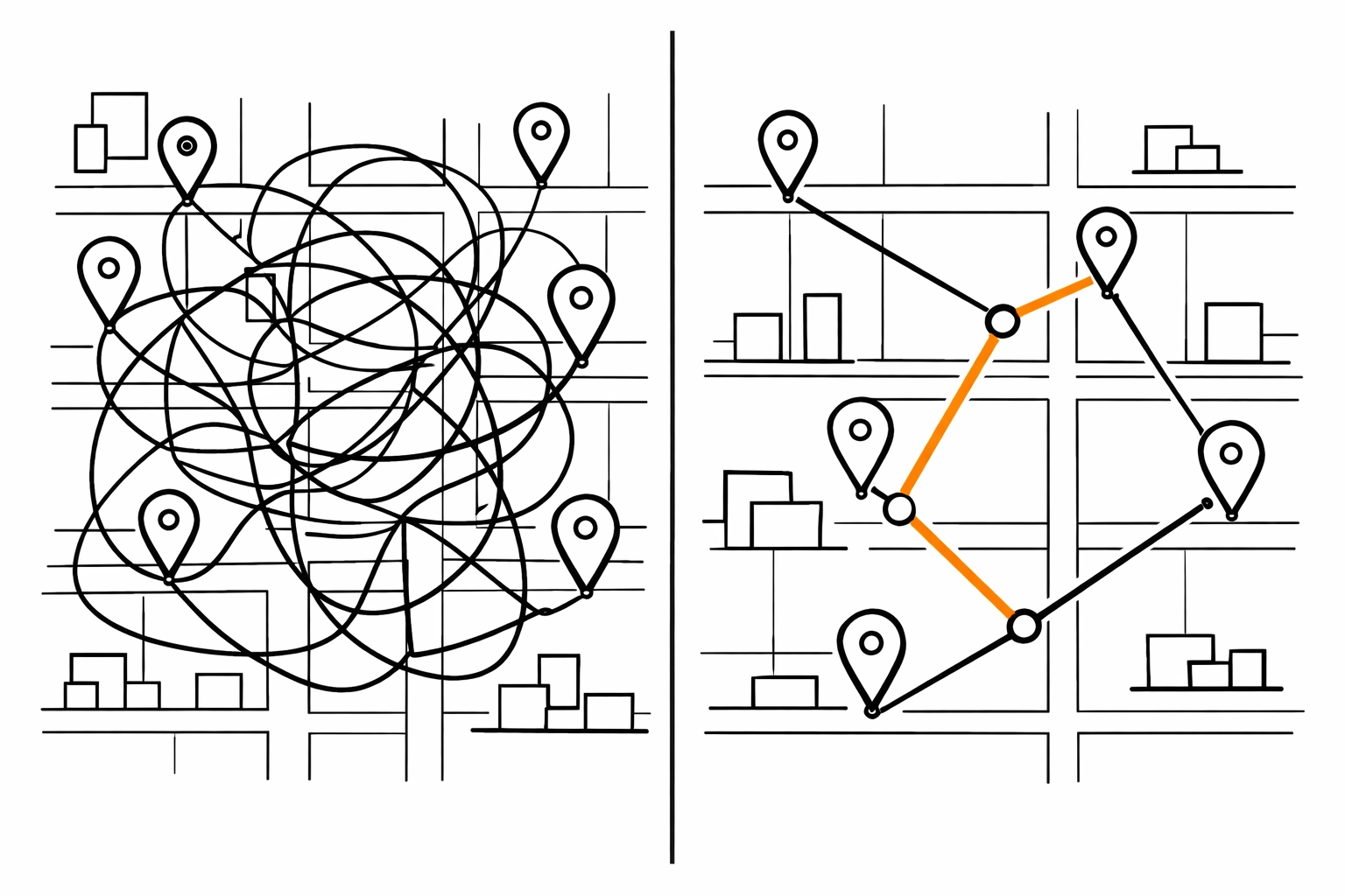 Inefficient vs optimized plumbing service routes showing poor dispatch scheduling costs