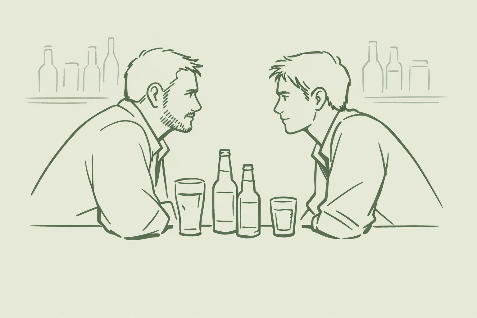 Two men locked in intense gaze across dive bar counter - gay romance attraction