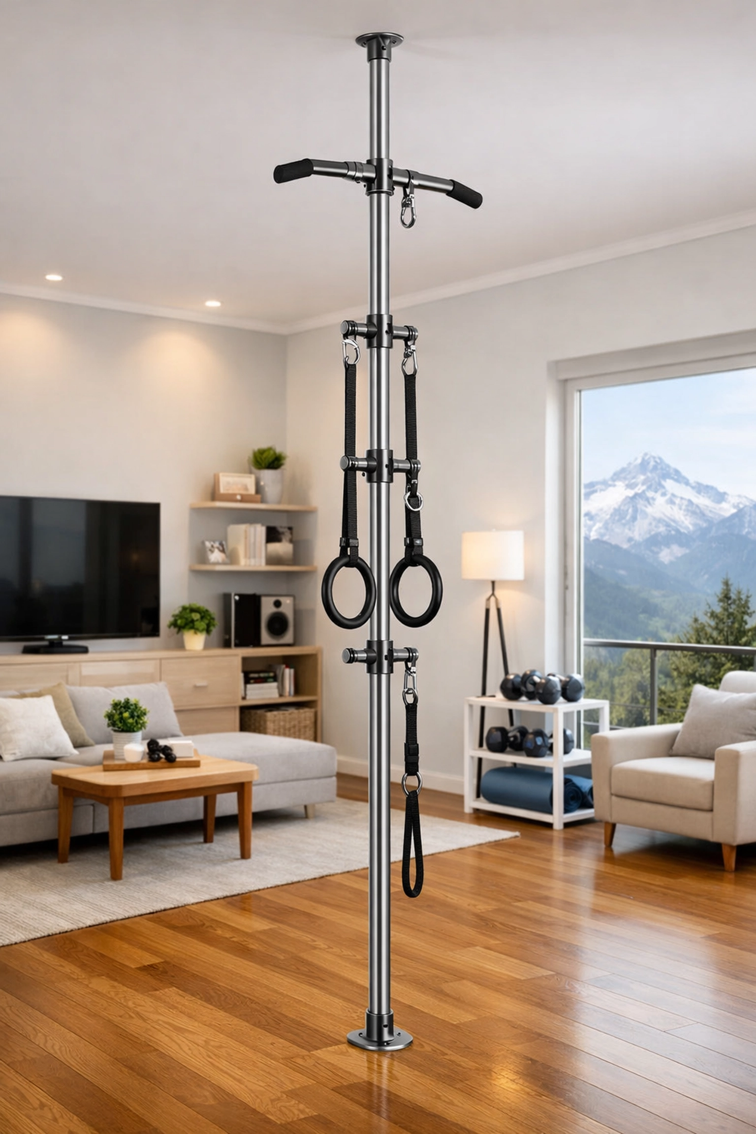Versatile floor to ceiling gym rail for a full body workout at home with no wall damage.