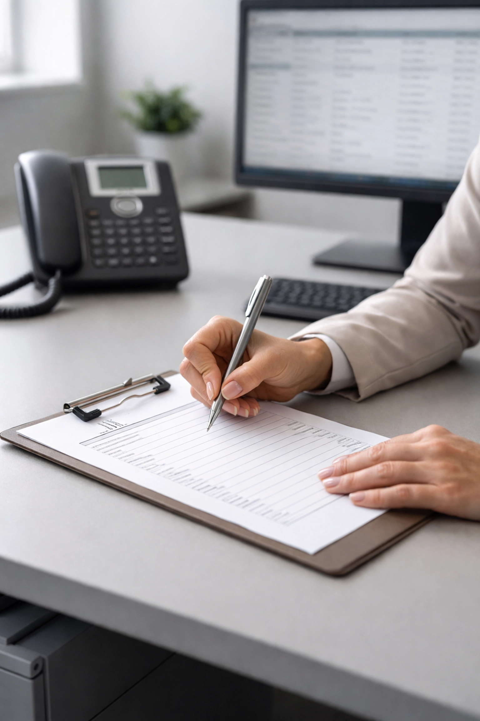 Office manager completing a standardized lead intake form in a contractor office, demonstrating organized contractor workflow.