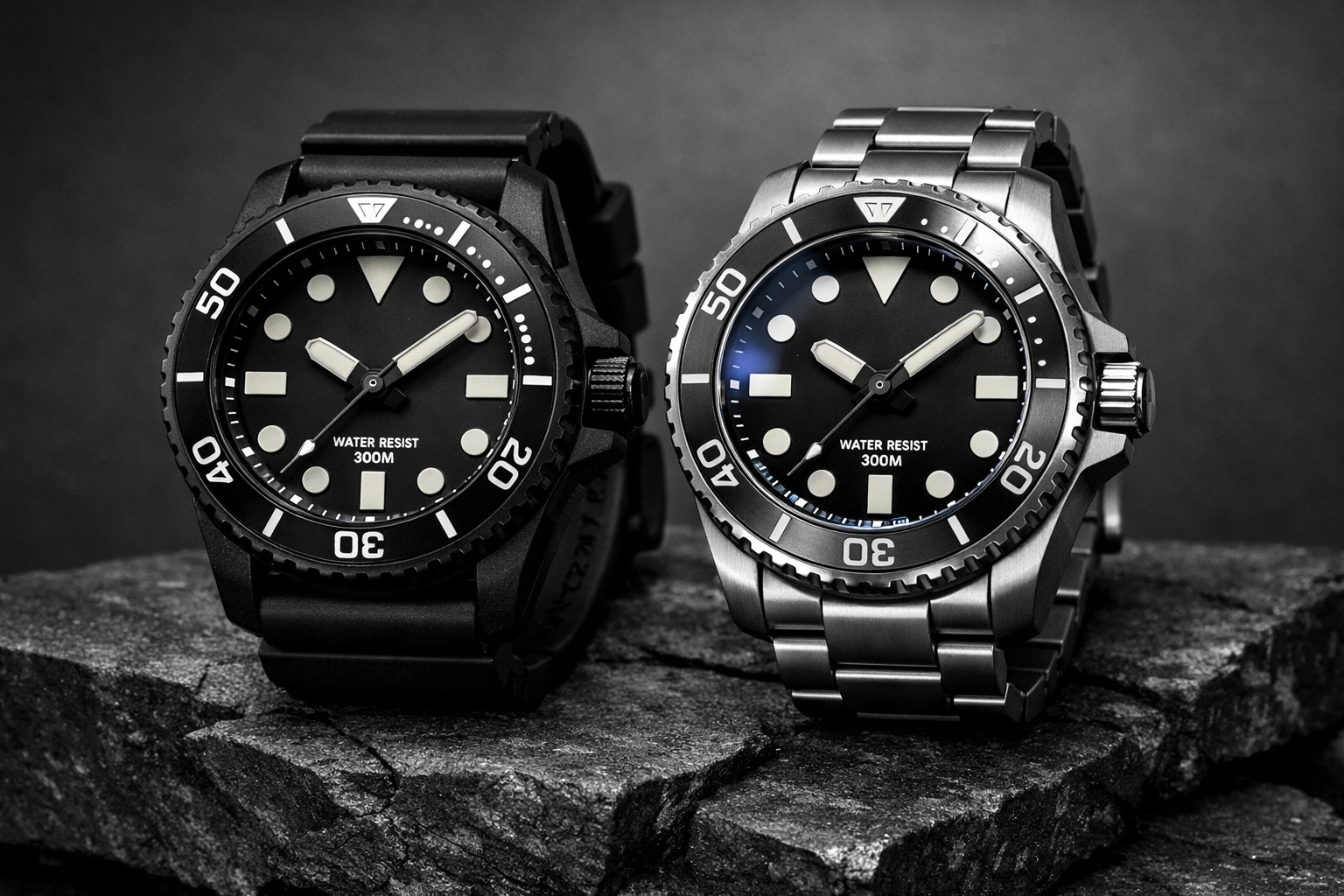 Vergleich der robusten Garmin Descent G1 und der edlen Mk3i aus Titan auf Stein.