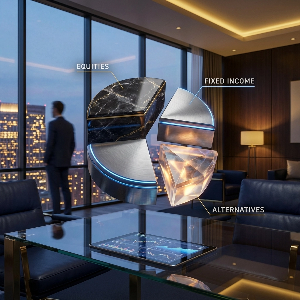 Pie chart showing equities, fixed income, and alternatives, symbolizing the 40/30/30 investment portfolio framework for accredited investors