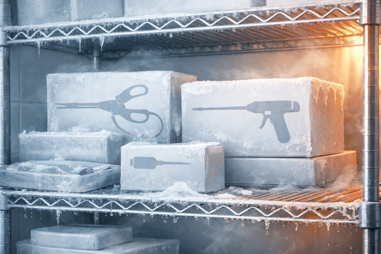 Hospital surgical supplies and advanced energy devices like Ethicon Harmonic shears frozen on a supply shelf.