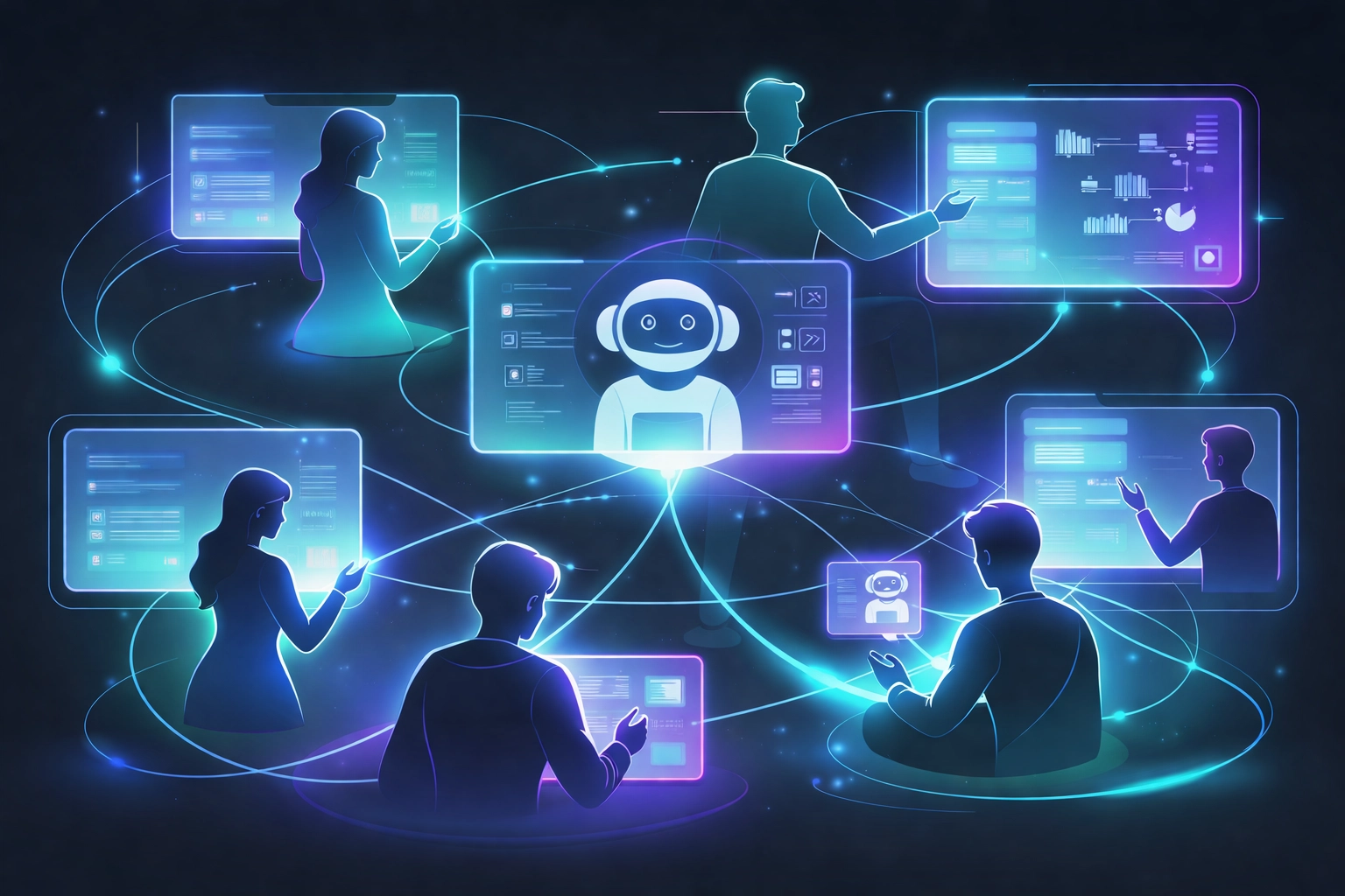 Looking For AI Integration Services? Here Are 10 Things Small Businesses Should Know First 3 Team collaboration with AI systems enabled by proper training and vendor support