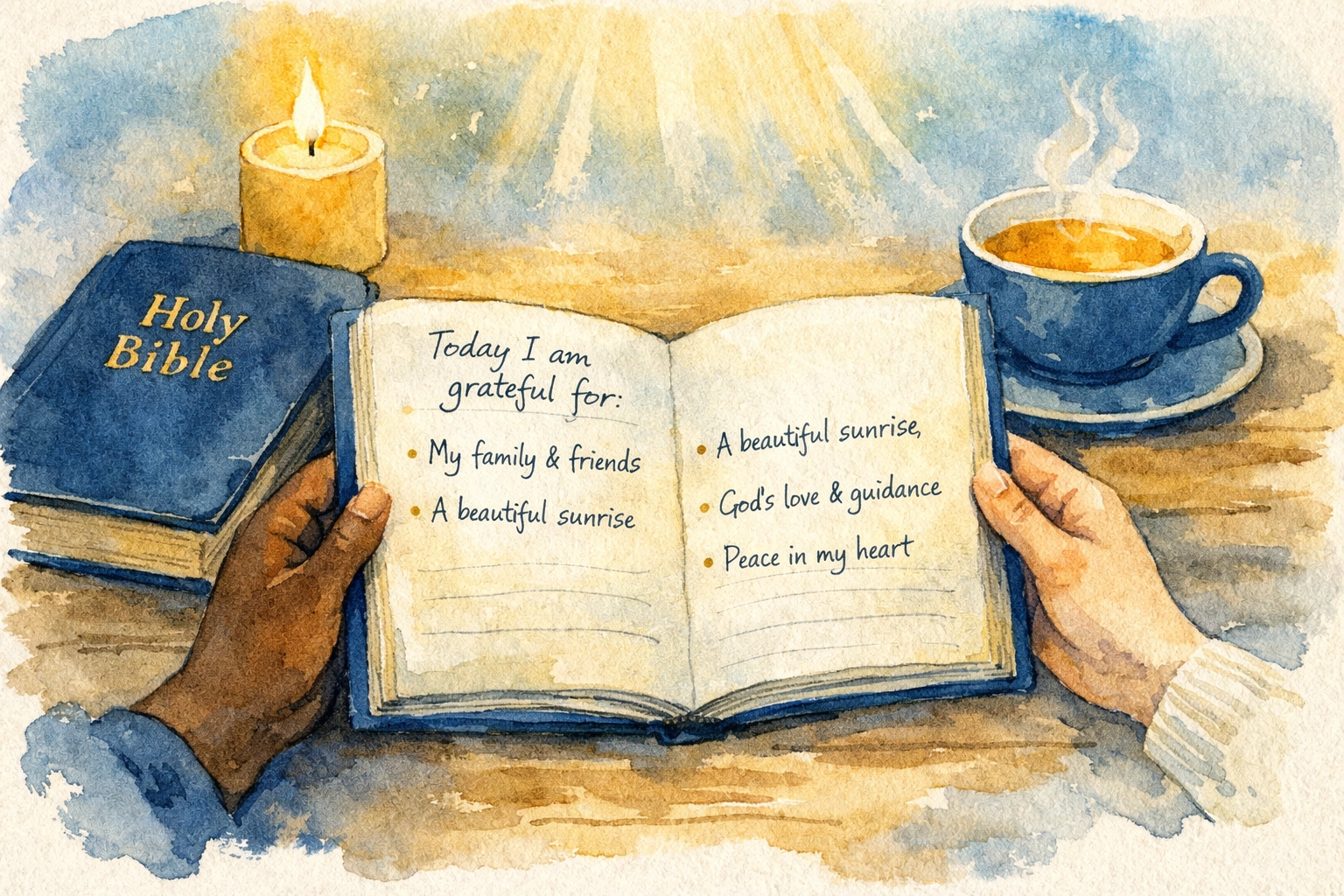 Journaling with gratitude notes, Bible, and tea for Saturday night reflection