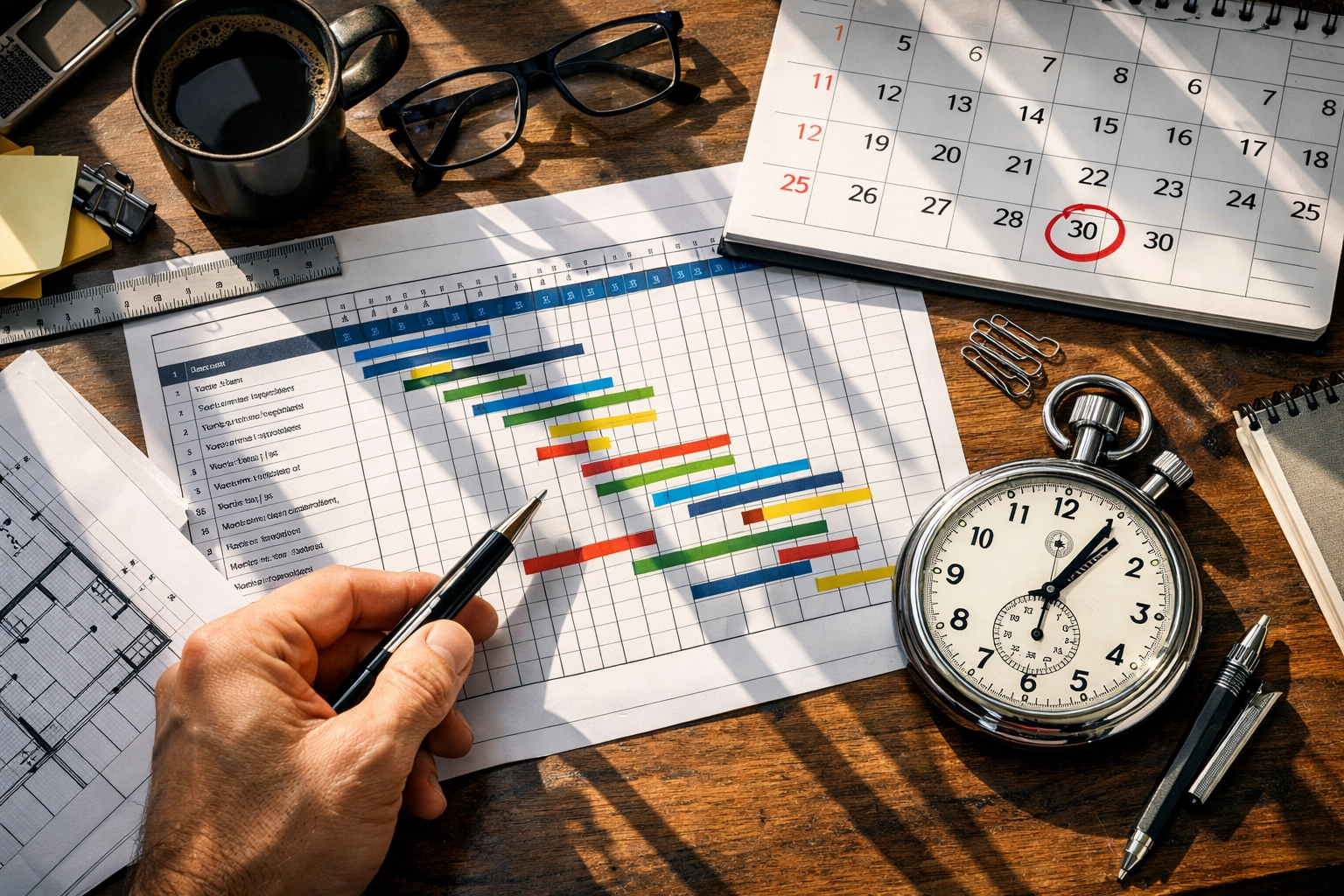 Project management desk with Gantt chart, calendar, and deadline planning tools