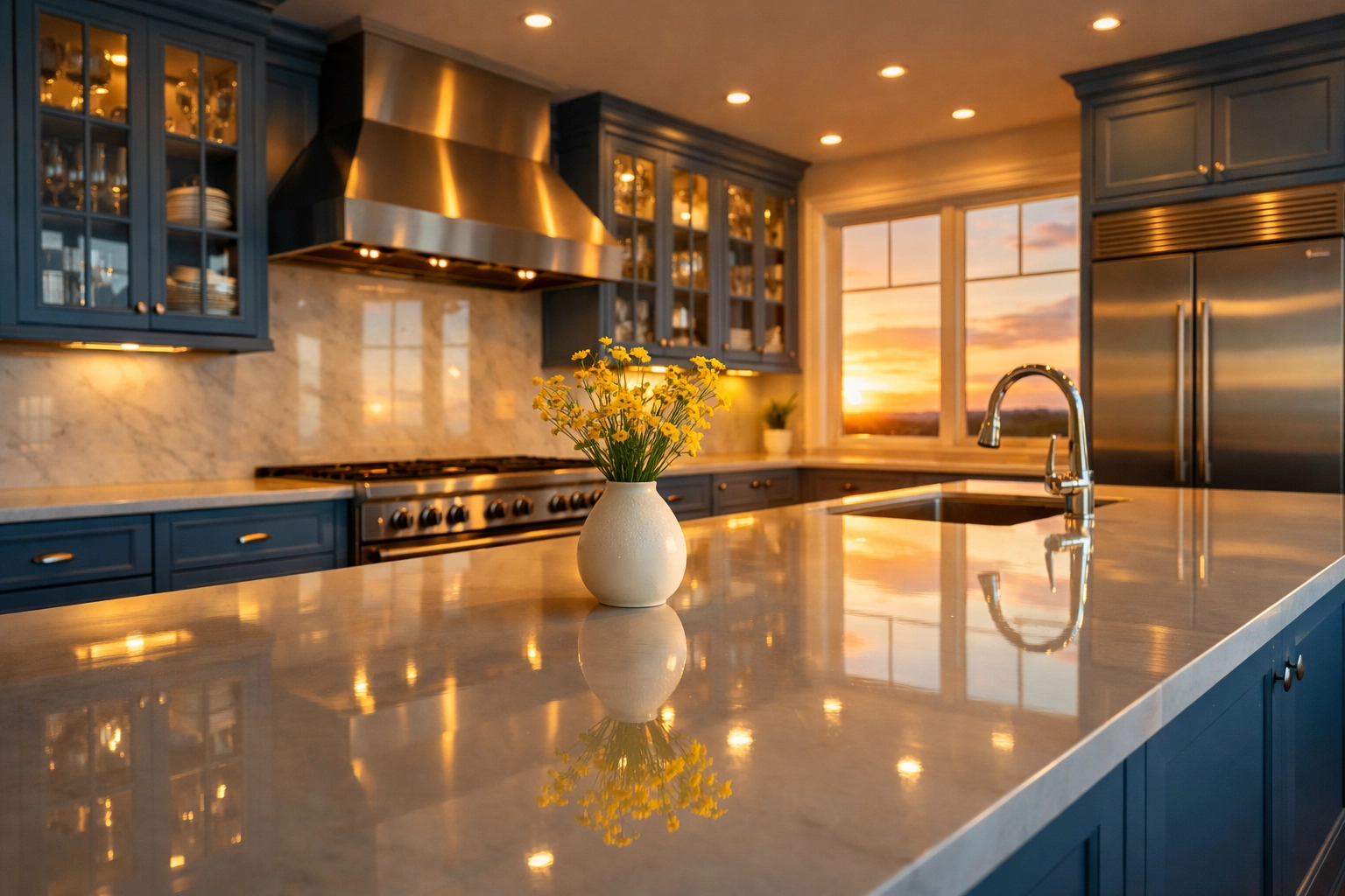 Sparkling clean kitchen interior with blue cabinets and empty countertops following a daily professional routine.