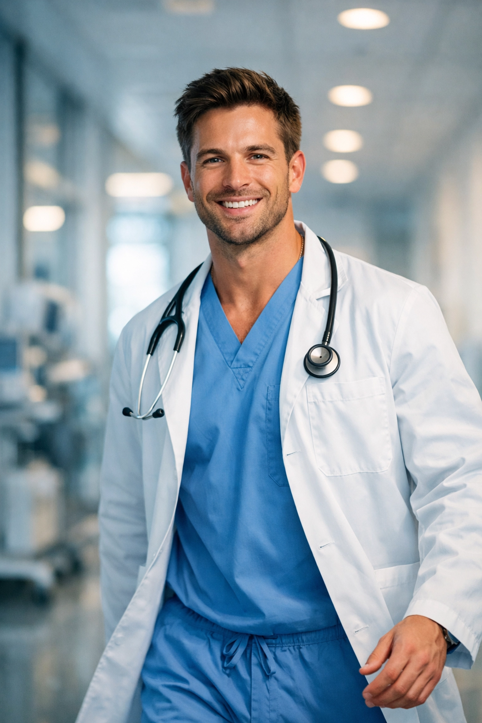 Confident gay male doctor in hospital corridor representing medical specialist dedication